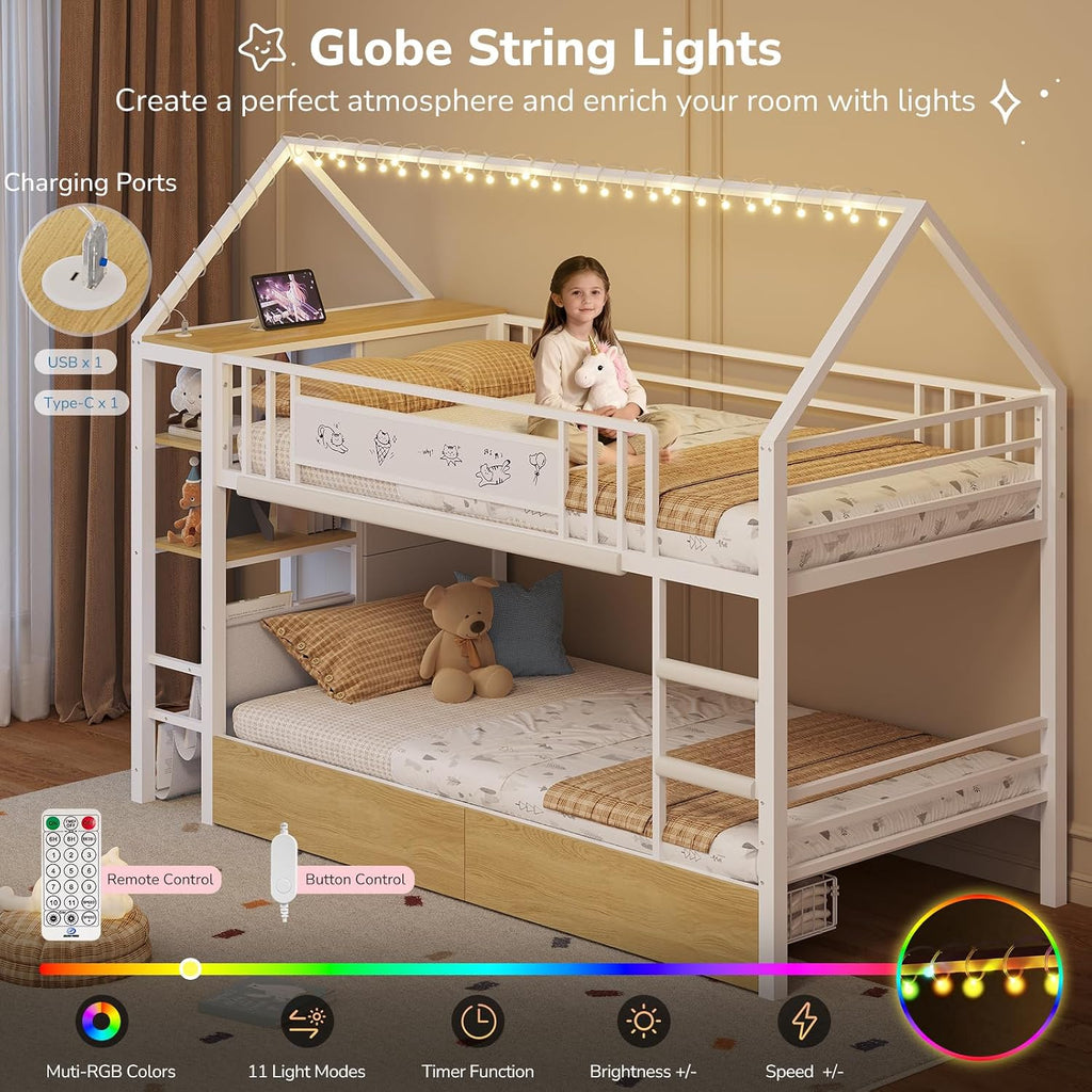 Twin Bunk Bed for Kids with 6 Storage Drawers, Montessori Bookshelf, House Shaped Bed with Globe String Lights and USB Ports, Metal Low Bunk Bed Twin Over Twin with Safety Guardrail and Ladder, White