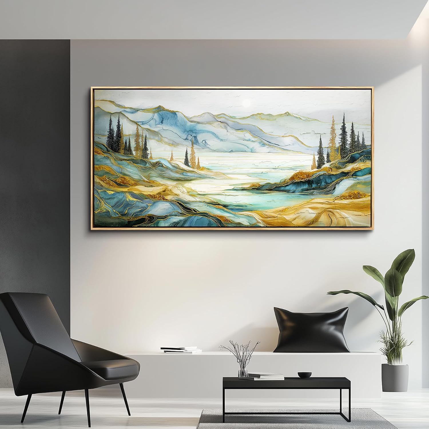 JUDASJART Canvas Wall Art For Bedroom Large Wall Decorations For Living Room Modern Office Wall Decor Abstract Mountain Painting Landscape Watercolour Pictures Artworks Home Decor Wood Framed