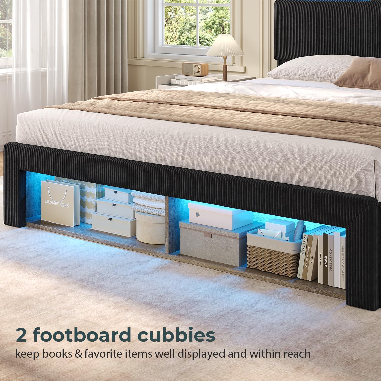 ADORNEVE Full Size Bed Frame with 4 Storage Drawers, 2 Footboard Cubbies and RGB Lights, Corduroy Upholstered Platform Bed with Charging Station and Storage Headboard, No Box Spring Needed, Black