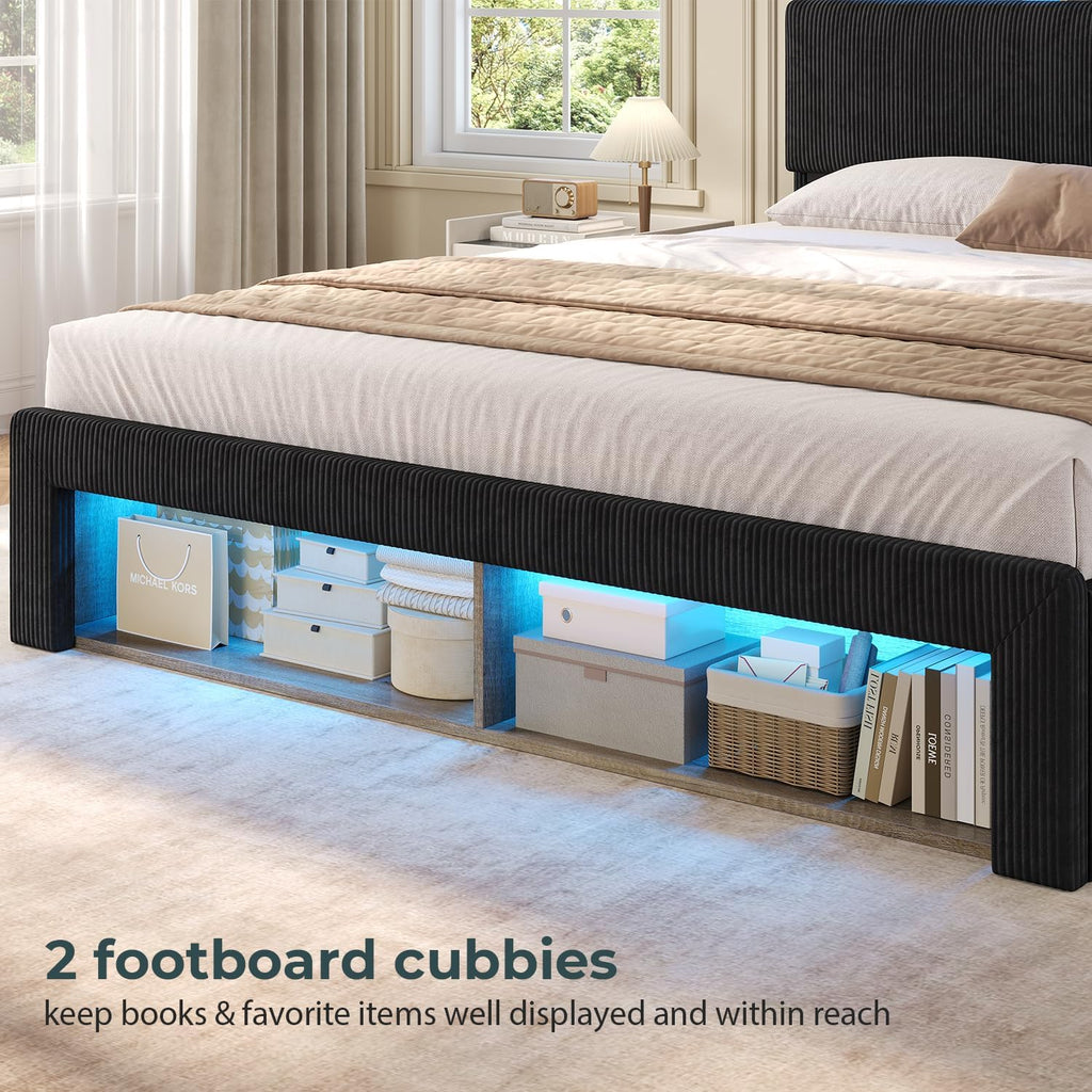 ADORNEVE Queen Bed Frame with 4 Storage Drawers, 2 Footboard Cubbies and RGB Lights, Corduroy Upholstered Platform Bed with Charging Station and Storage Headboard, No Box Spring Needed, Black