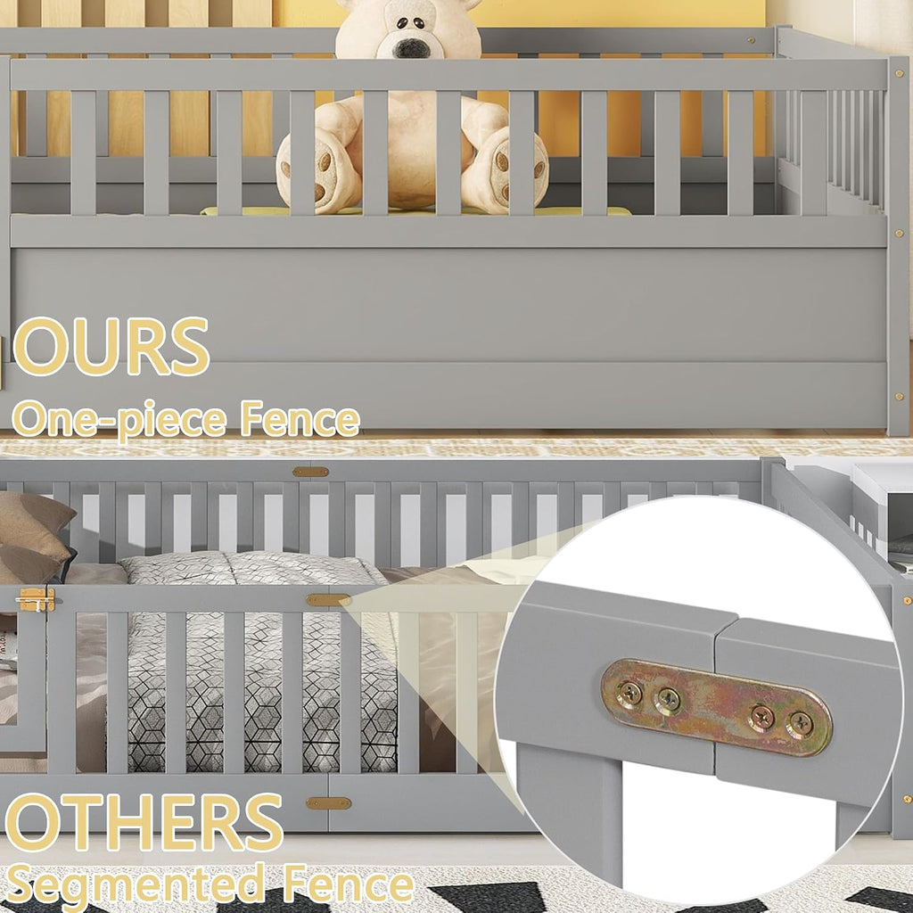 Bellemave Full Size Floor Bed with Slats and Door, Full Size Montessori Floor Bed with Rails, Easy Assemble Montessori Beds Frame for Bedroom, Gray