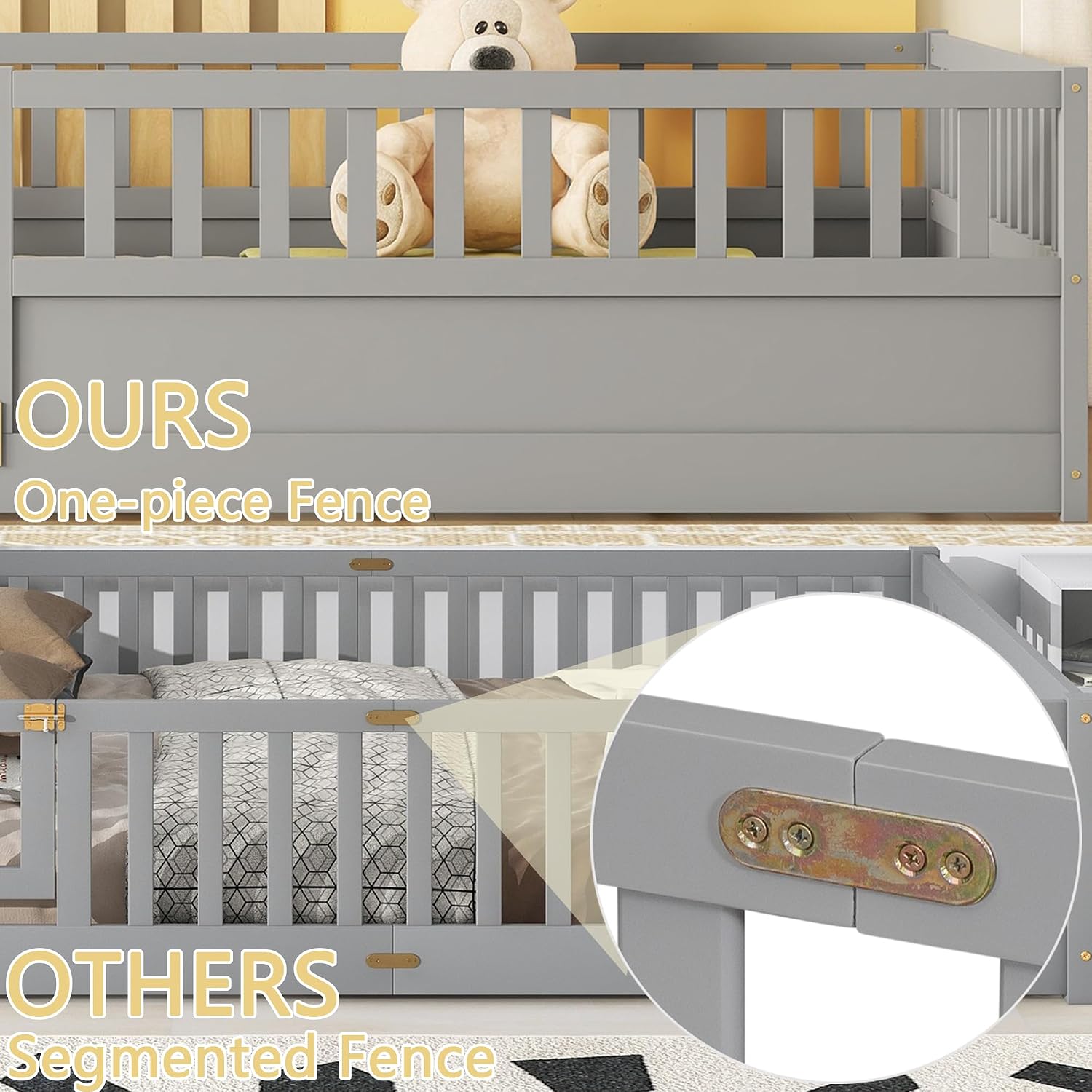 Bellemave Full Size Floor Bed with Slats and Door, Full Size Montessori Floor Bed with Rails, Easy Assemble Montessori Beds Frame for Bedroom, Gray