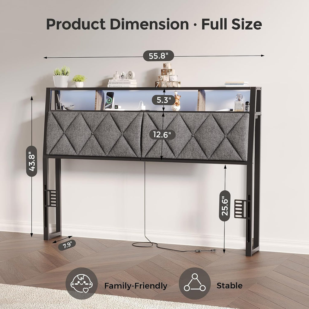 Full Headboard Only, Headboard for Full Size Bed with Storage, Upholstered Headboards with LED Lights & Charging Station, Attach Frame, Ideal for Bedroom/Dorm/Guest Room, Dark Grey & Brown