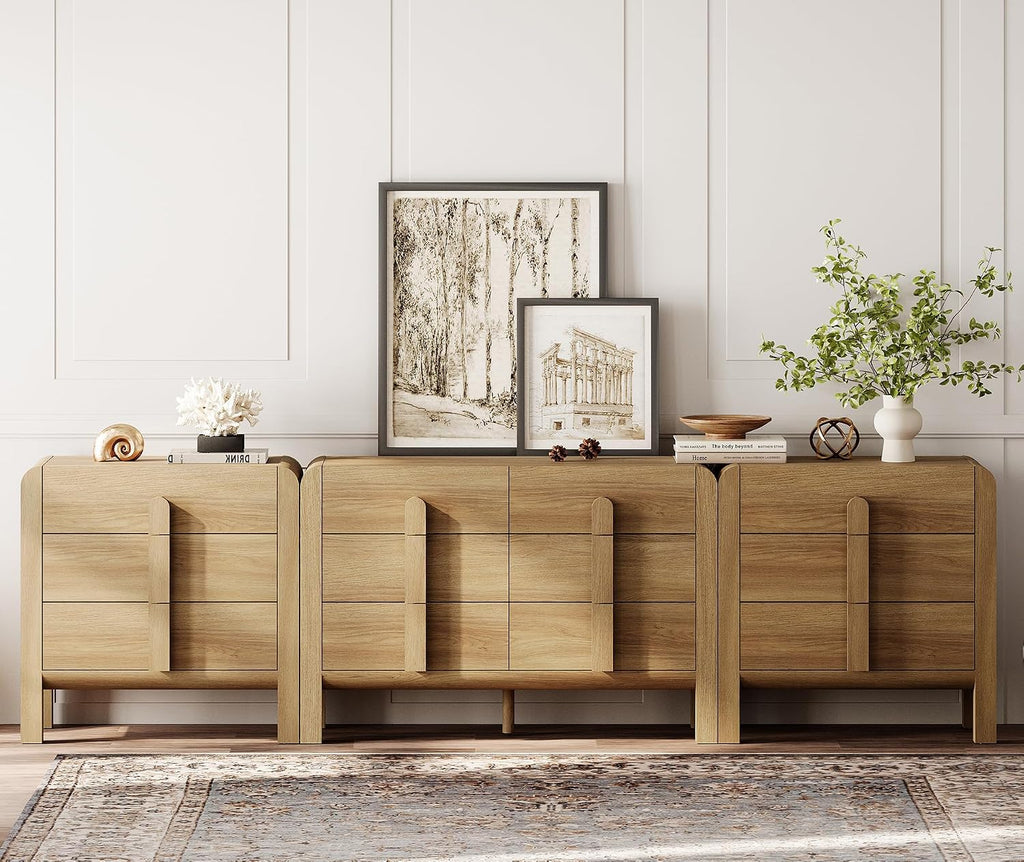 WAMPAT 3 Piece Bedroom Dresser Set, 110.2' Wide 12 Drawers Wood Dresser, Mid-Century Modern Storage Chest with Curved Handles for Bedroom, Living Room (Light Walnut)
