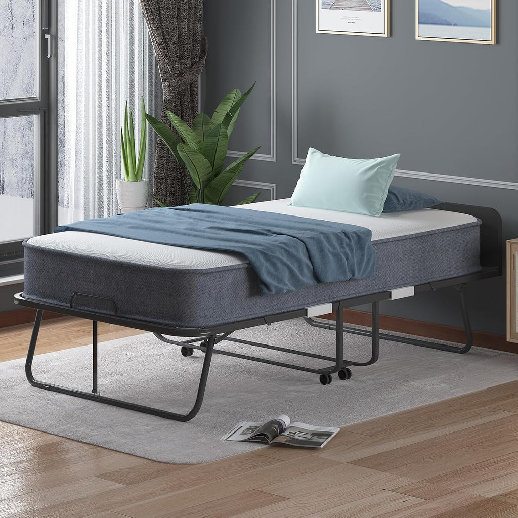 BALUS Rollaway Bed with Mattress for Adults, 75' x 46' Fold Up Bed with Headborad & Dustproof Bag, Space Saving Rollaway Beds for Guests, Foldable Sturdy Metal Frame for Bedroom/Apartment（Upgrade）