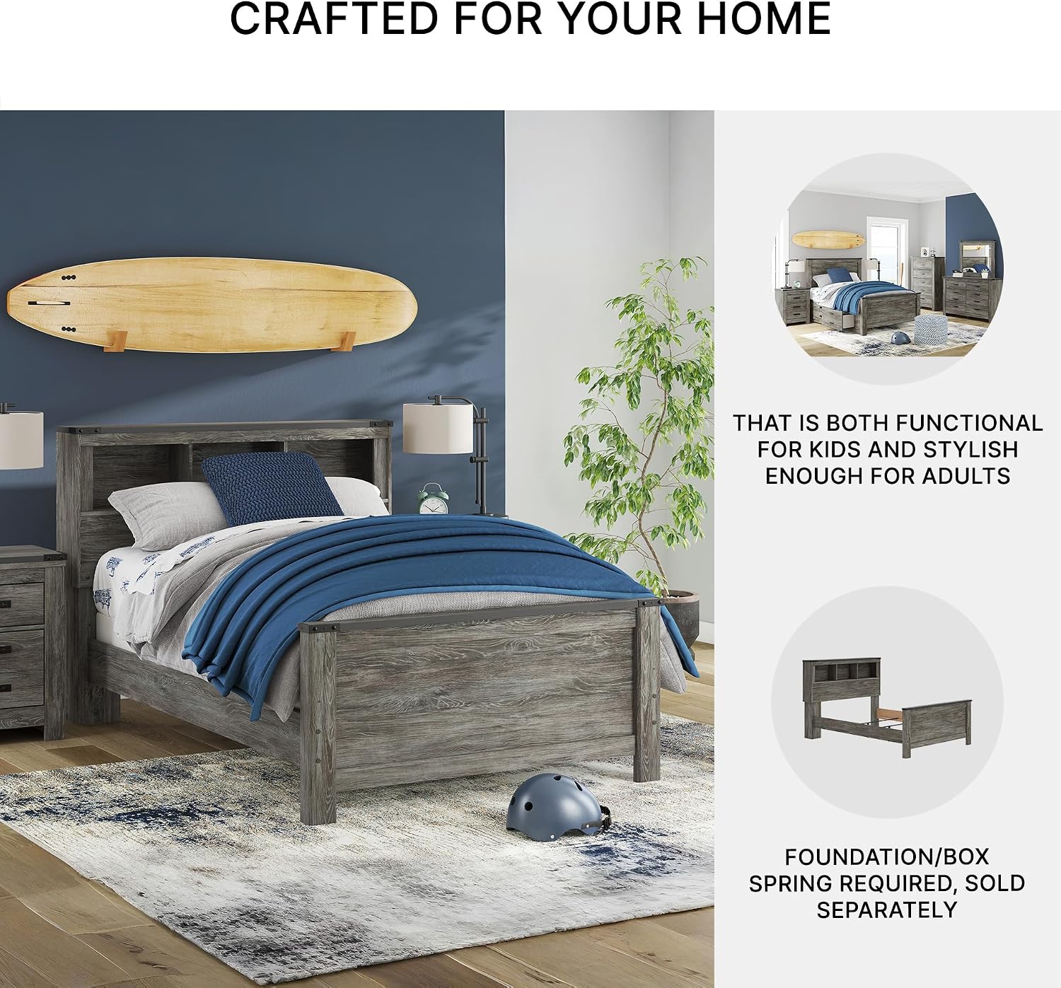 Signature Design by Ashley Frandern Rustic Bookcase Panel Bed with Nailhead Accents, Foundation or Box Spring Needed, Full, Gray