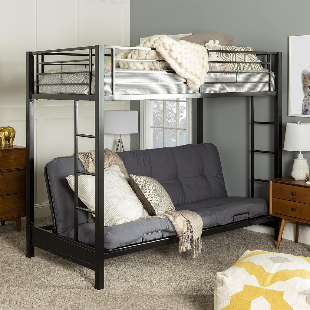 Walker Edison Elodie Urban Industrial Twin Over Futon Metal Bunk Bed, Twin Size, Black