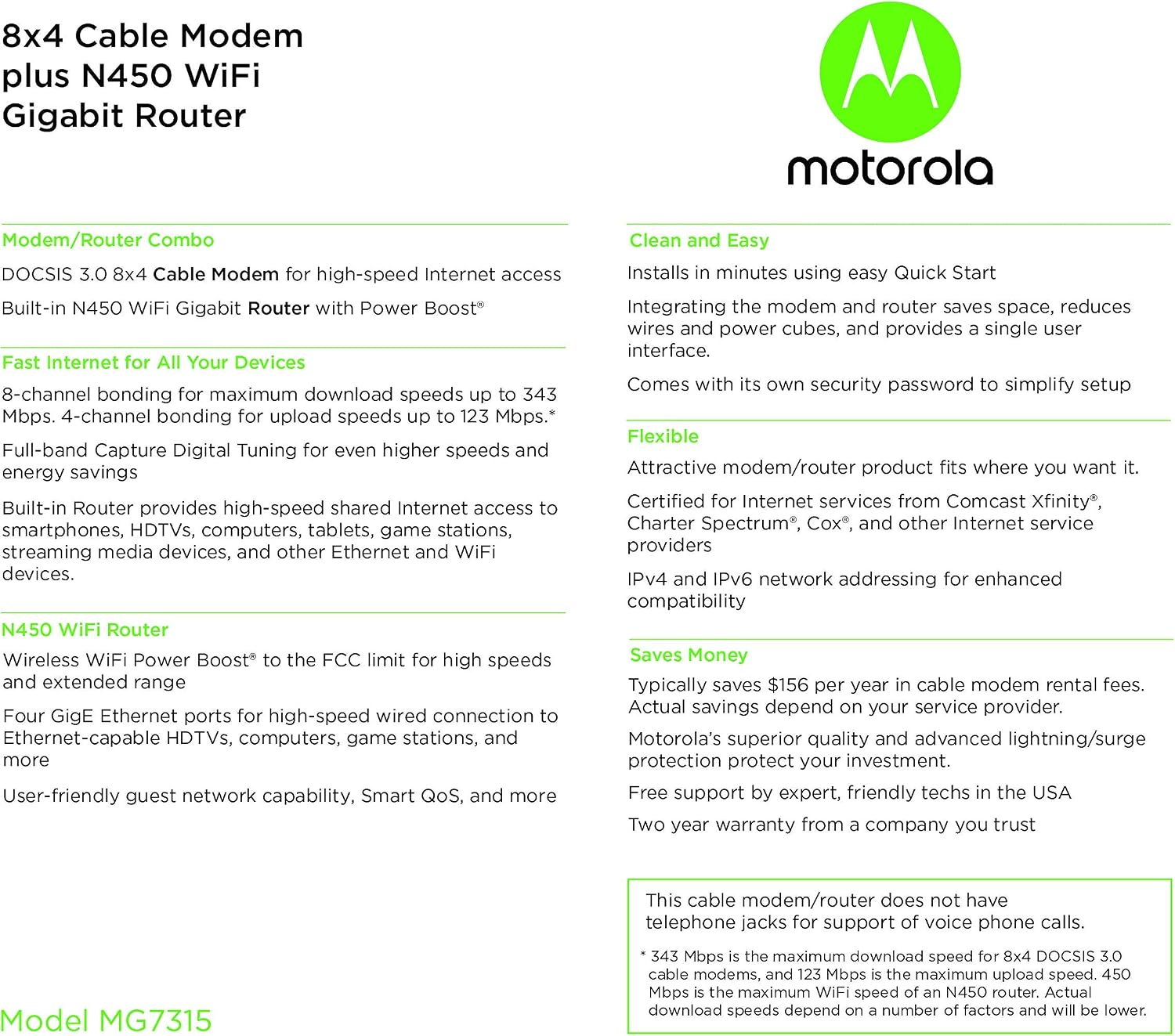 Motorola MG7315 Modem WiFi Router Combo | 2-in-1 Cable Modem with Built in WiFi | DOCSIS 3.0 Modem | N450 WiFi | Approved for Comcast Xfinity, Cox, and Spectrum