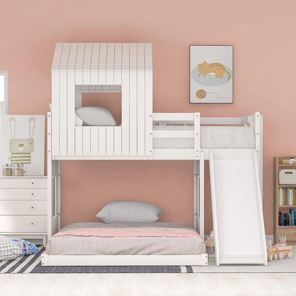 Twin Over Full Bunk Beds with Slide for Kids Toddlers, Play Farm House Roof Window Guardrail Ladder, for Girls Boys, No Spring Box Required (White-Slide-Twin-Full)