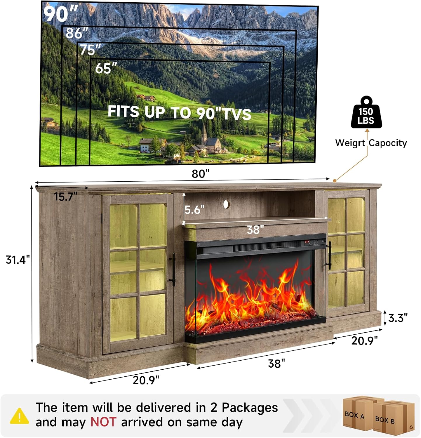ROCKPOINT 3 Sided Glass 80' Fireplace TV Stand for TVs up to 90inch, Media Entertainment Center with Glass Door Storage Cabinet,36' Electric Fireplace with LED Light and Flame Colors,Grey