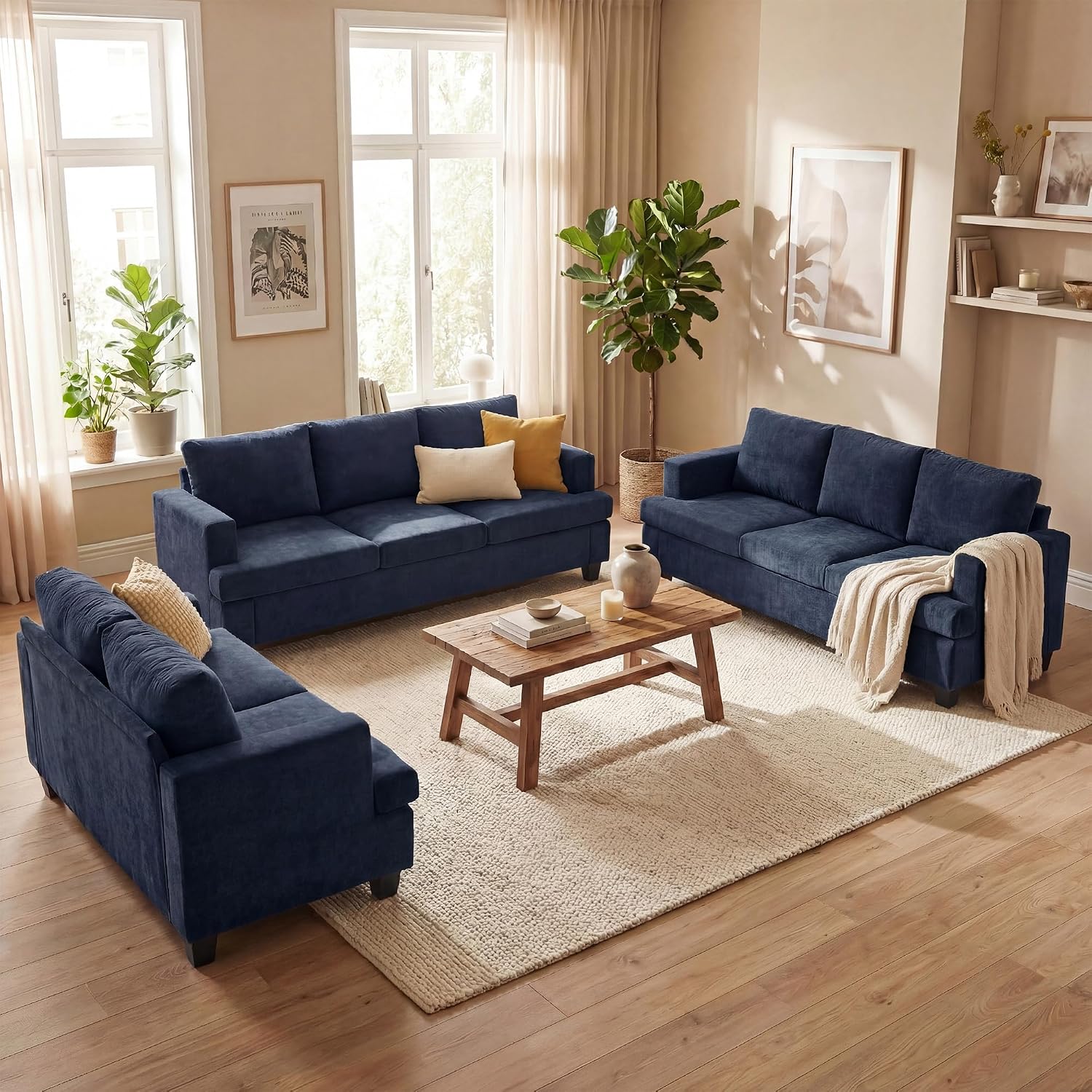 Fiona's magic 8 Seats Couch Set, 3 Piece Set Comfy Sofa, 3 Seater*2 & Loveseat Sofa with Deep Seats for Living Room, Modern Sleeper Couch, Navy Chenille