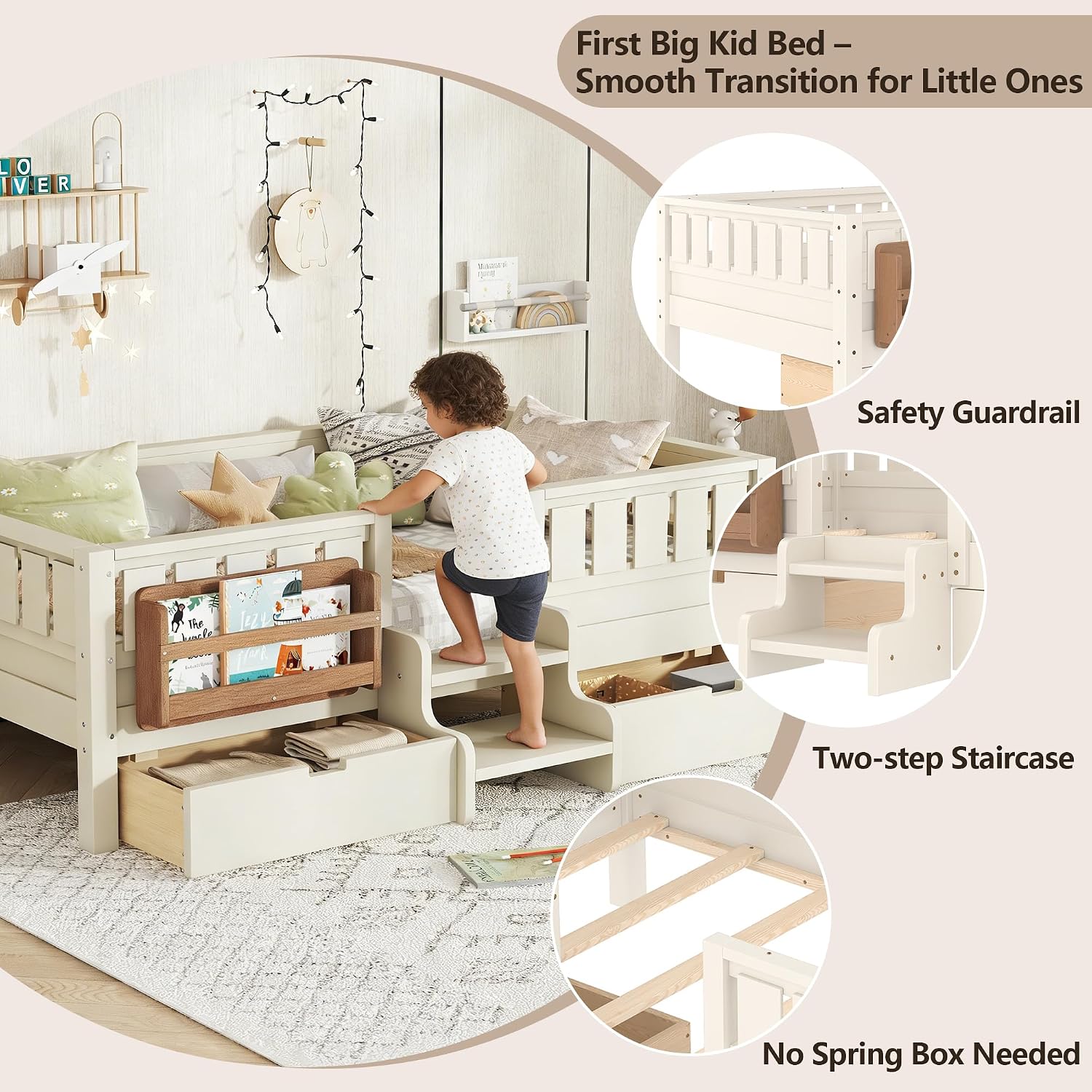 Bellemave Twin Kids Montessori Bed with Stairs, Bookshelf and Drawers, Solid Wood Kids Bed Frame with Storage for Boys Girls, Low Profile,Beige