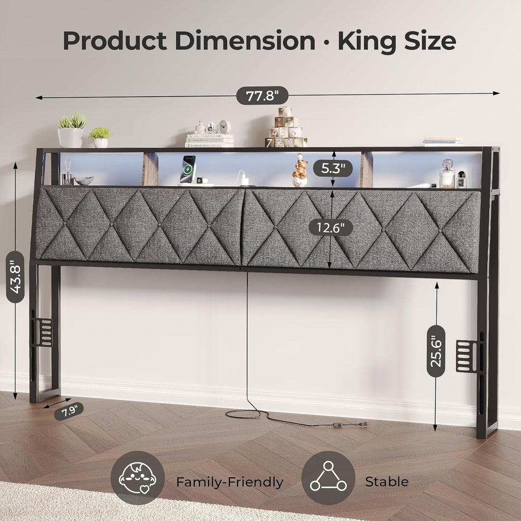 King Headboard Only, Headboard for King Size Bed with Storage, Upholstered Headboards with LED Lights & Charging Station, Attach Frame, Ideal for Bedroom/Dorm/Guest Room, Dark Grey & Brown