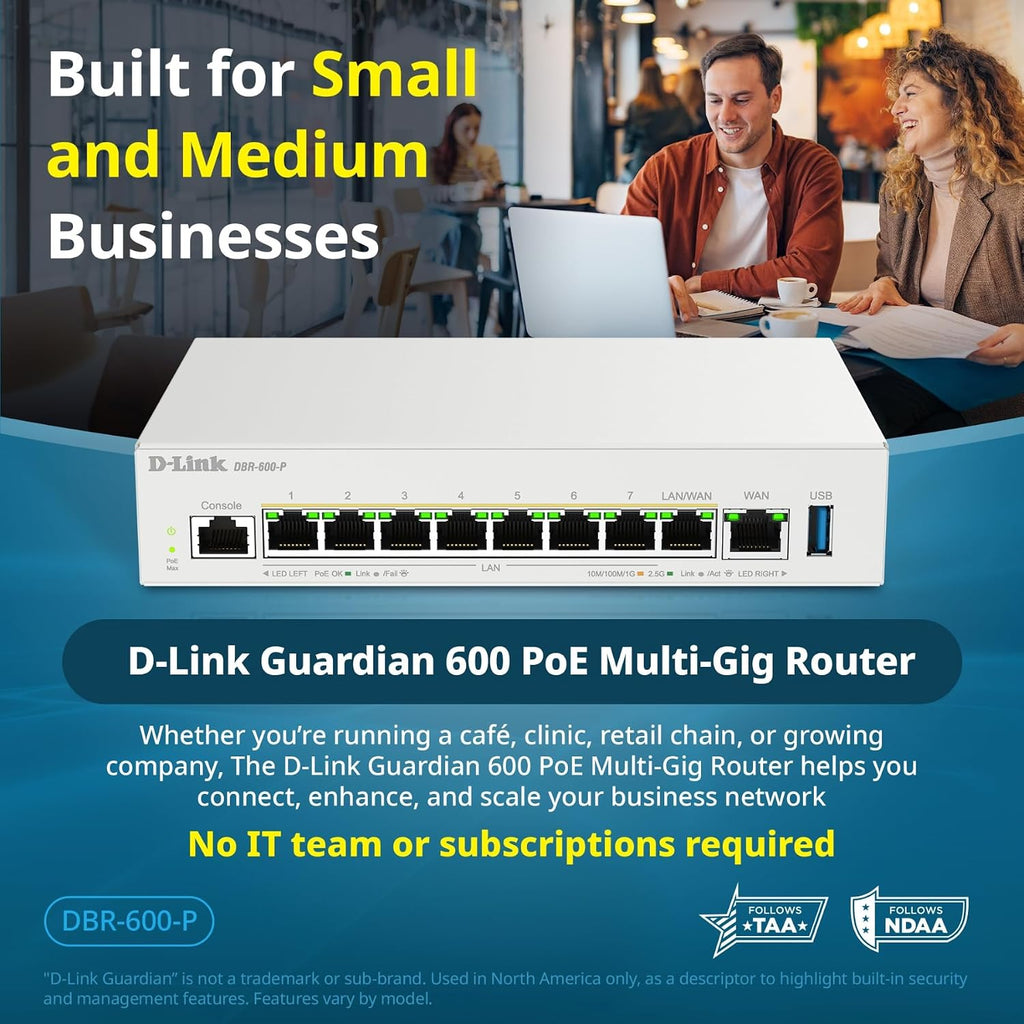 D-Link Guardian 600 PoE Multi-Gig Business Router (DBR-600-P), Premium Router with Multi-WAN Failover, SPI Firewall, 8X 2.5GbE PoE+ LAN, VPN