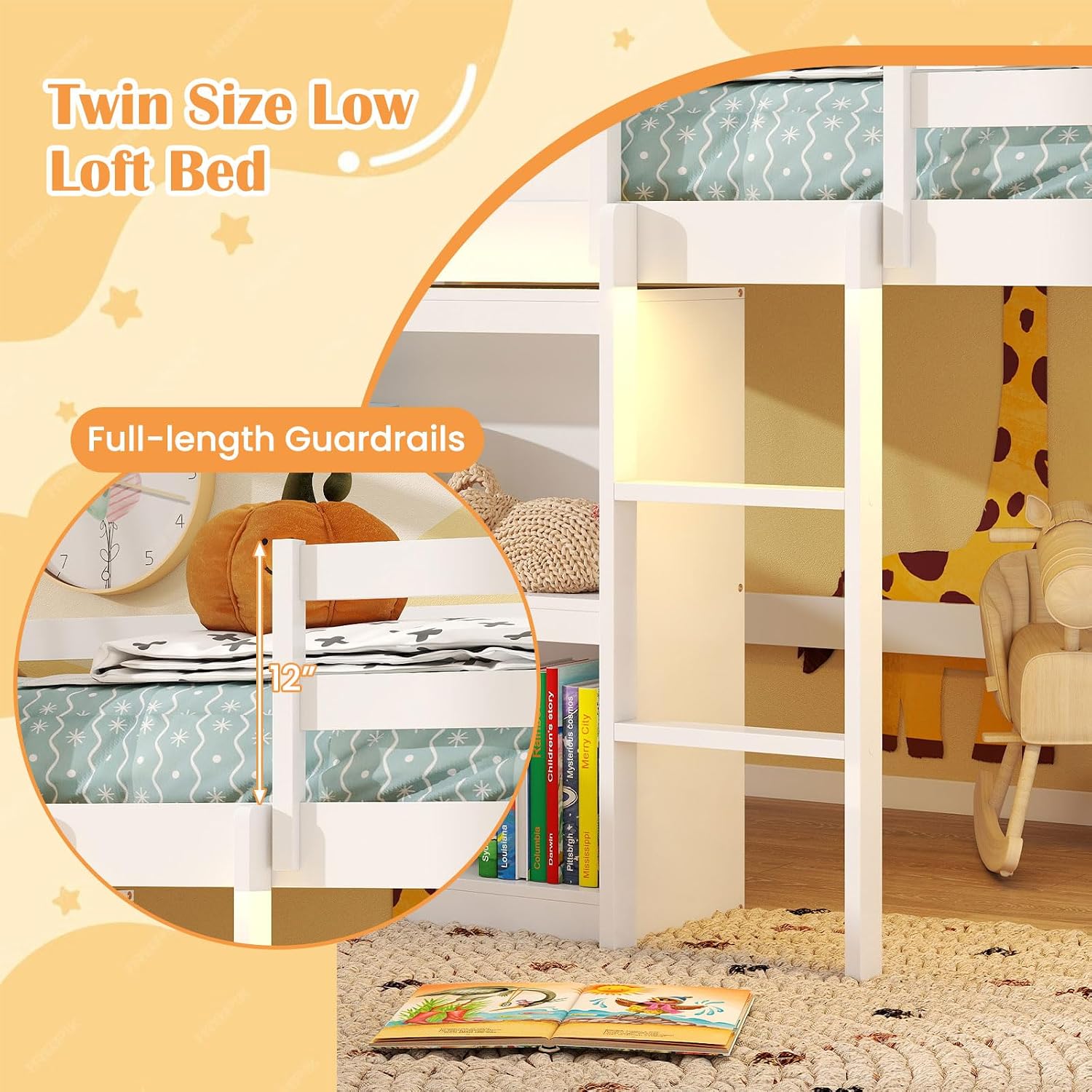 Giantex Twin Size House Loft Bed, Low Loft Bed with Roof, Window, LED Lights & Storage Bookshelf, Solid Wood Bedframe w/Ladder, Safety Guardrail, Under-Bed Play Space for Kids Boys Girls, White
