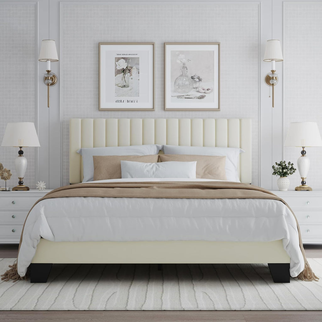 Queen Bed Frame, Velvet Upholstered Platform Bed Frame with Adjustable Headboard, Vertical Quilted Design, Sturdy Slatted Mattress Base, Easy to Assemble, White