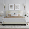 Queen Bed Frame, Velvet Upholstered Platform Bed Frame with Adjustable Headboard, Vertical Quilted Design, Sturdy Slatted Mattress Base, Easy to Assemble, White