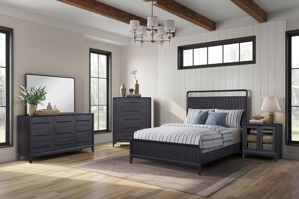 Boho Bed Frame Set Queen, Black Bed Frame Base Solid Wood MDF 86' L x 63.25' W x60 H