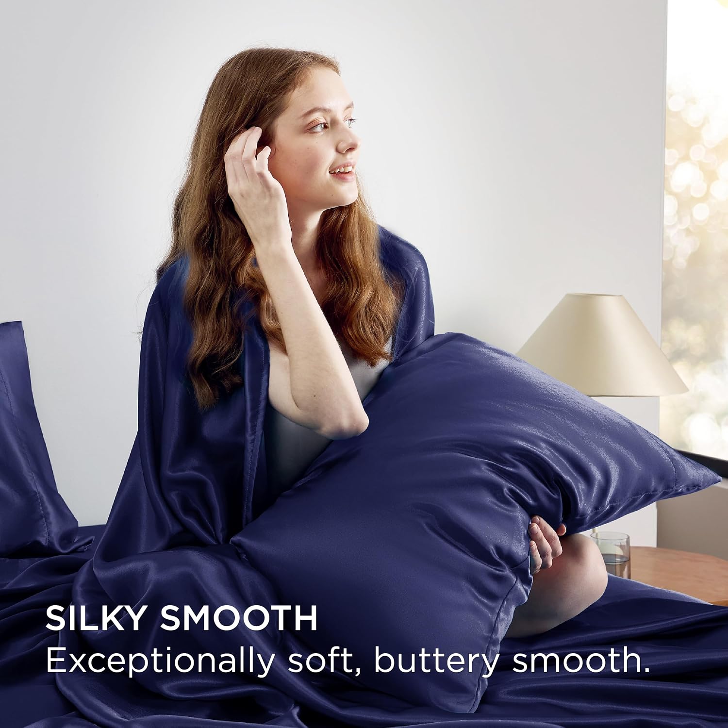 Twin XL Size 4-Piece Sheet Set Premium Mulberry Silk Bed Sheets Set Fits 14-16' Deep Pocket - Luxurious Soft Silk (Solid, Navy Blue)
