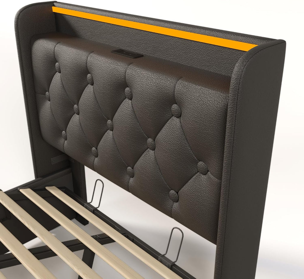 Twin Size Lift Up Storage Bed Frame with Button Headboard and Storage Smart Bed with 360 Surround LED Function Upholstered Platform Bed USB Type-C Charging Easy Assembly (Black, Twin)