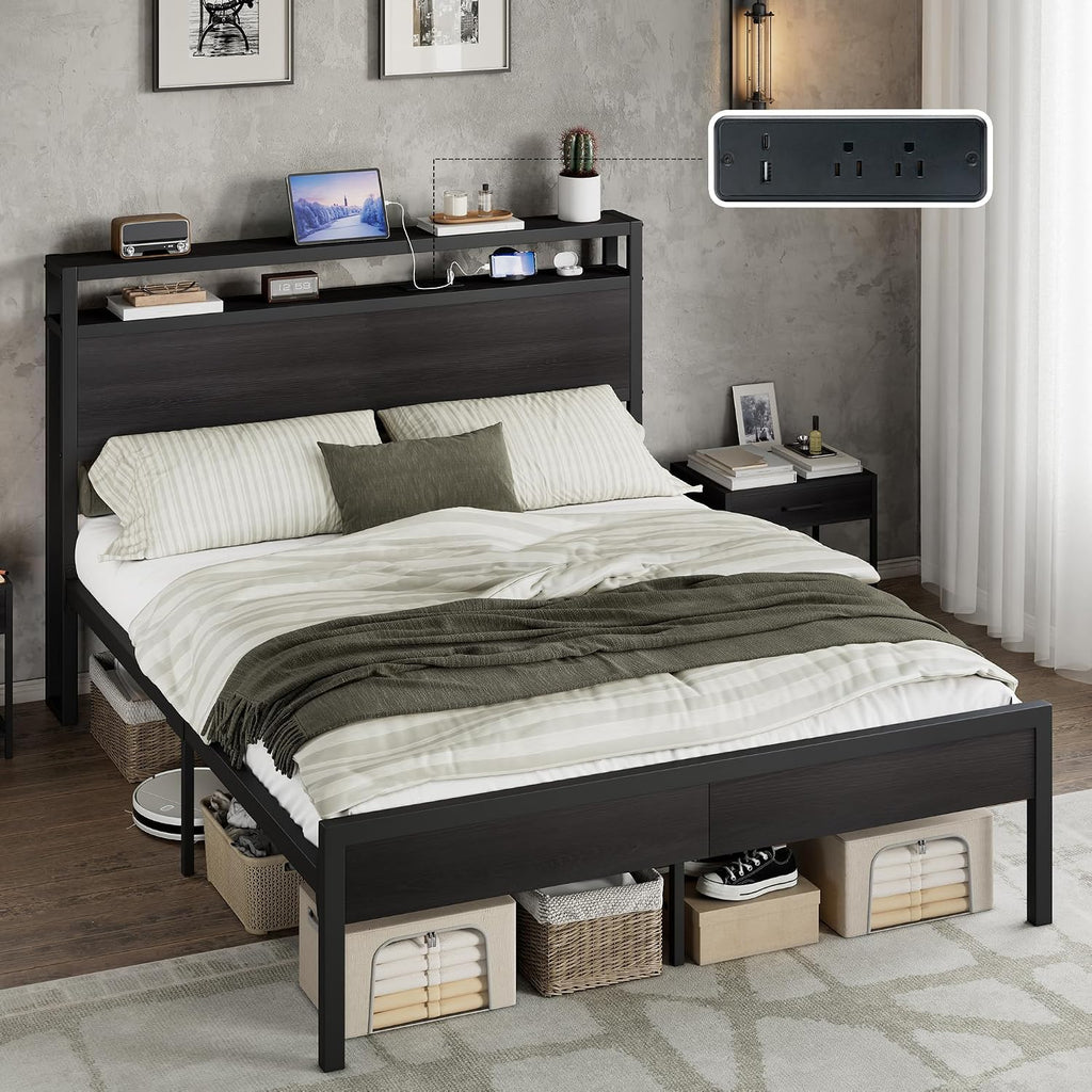 AMERLIFE Queen Size Bed Frame with Storage Headboard & Charging Station, Industrial Metal Platform Bed with Large Under-Bed Storage, Heavy Duty Slats, No Box Spring Needed, Black