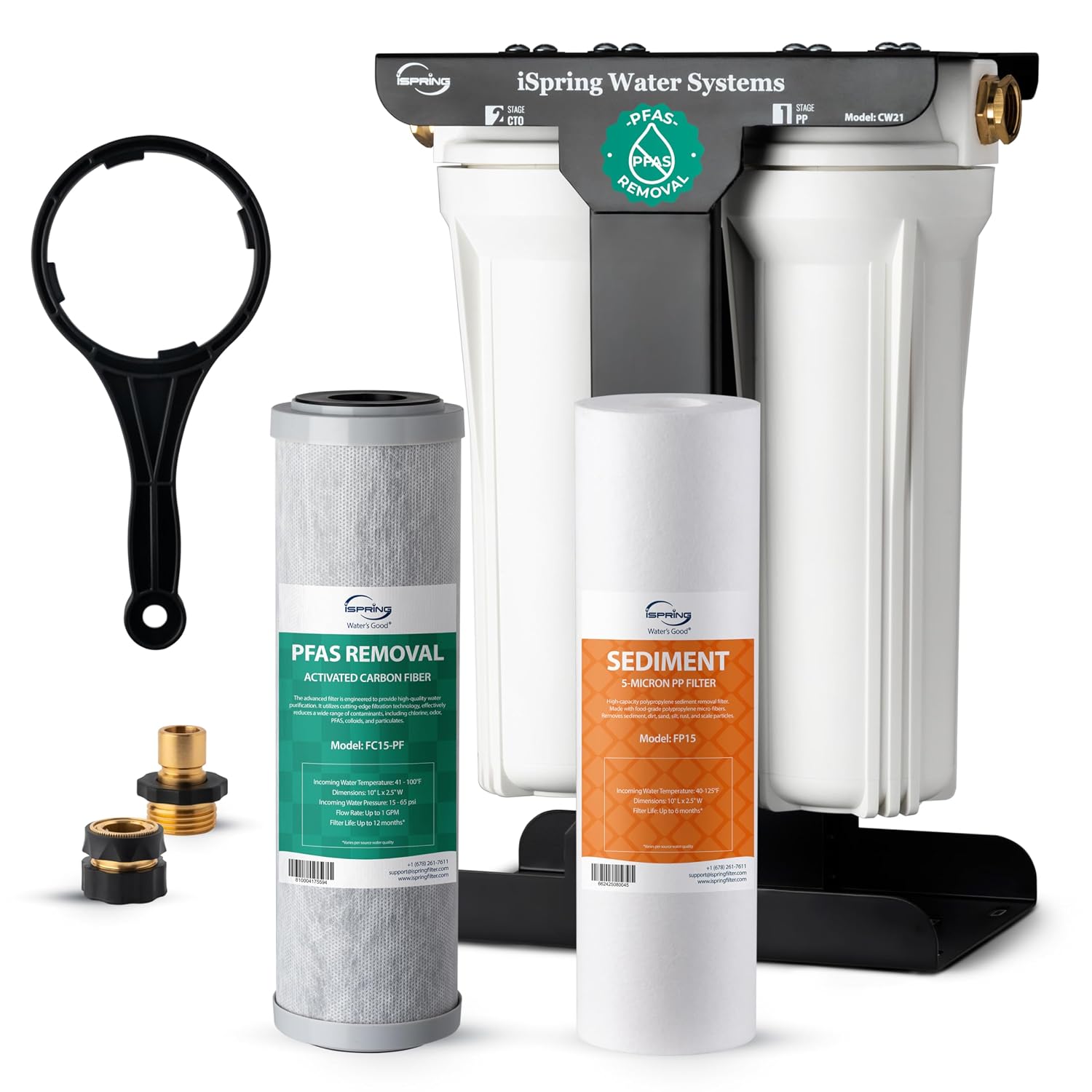 iSpring CW21-PF 2-Stage RV Water Filtration System, SGS-Tested PFAS Removal, High-Capacity Tankless Design, Durable 3/4' Lead-Free Brass Connectors for RV Campers