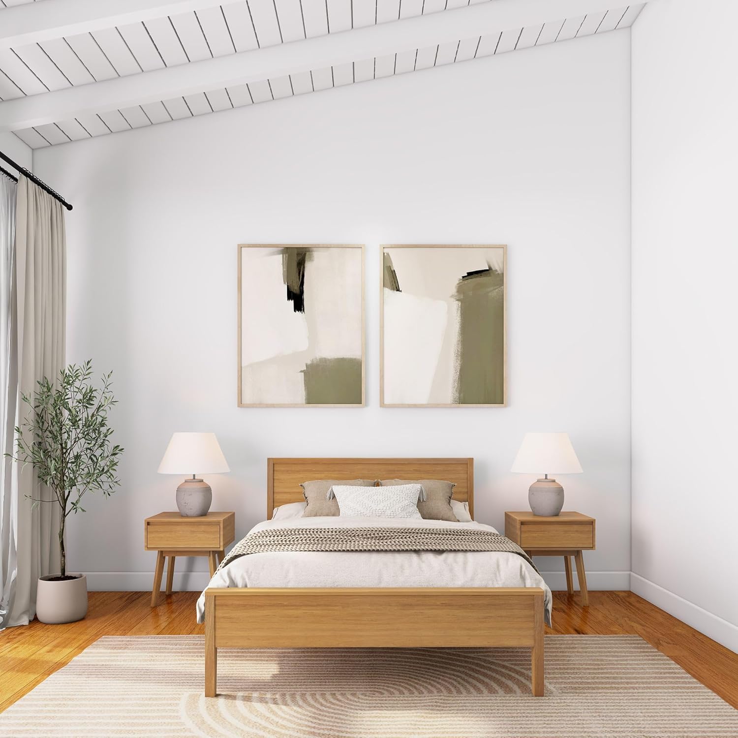 Plank+Beam Solid Wood Full Bed Frame with Panel Headboard, Modern Full Platform Bed with Wood Slat Support, No Box Spring Needed, Pecan