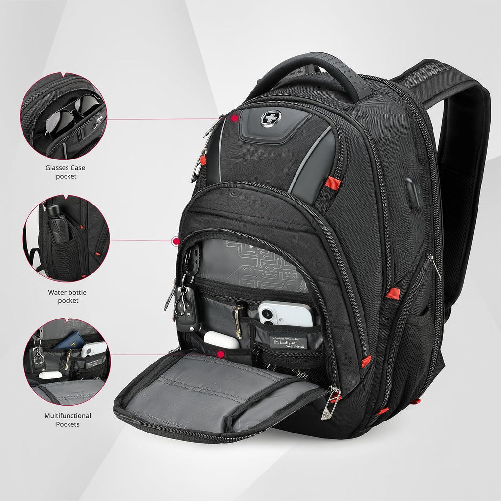 Swissdigital Design Travel Backpack for men with Apple Find My, TSA Friendly USB Charging RFID Protection Business Backpack Fits 15.6' Laptops Black | J149508F-BR