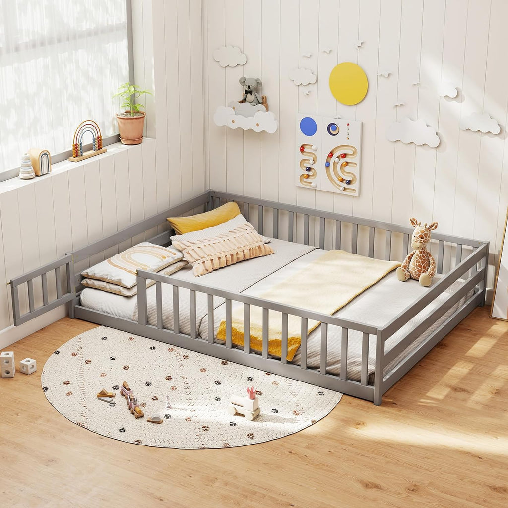 BECOMFORT Full Size Floor Bed for Kids, Kids Wood Bed Frame with Door, Latch & Safety Guardrails, Montessori Bed for Boys Girls