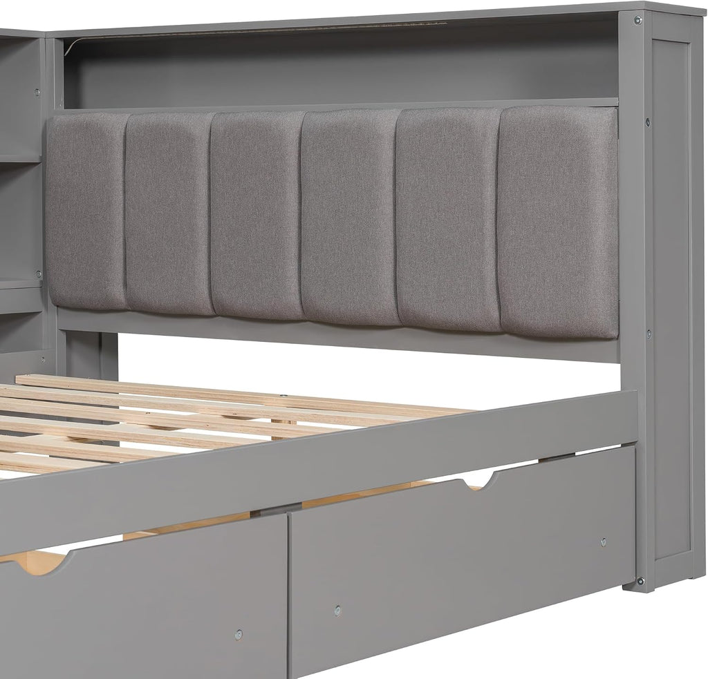 Full Size Platform Bed with Storage Shelves and Drawers, Solid Wood Daybed with Charging Station, LED, Desk and Upholstered Headboard for Living Room Bedroom (Grey-JU5)