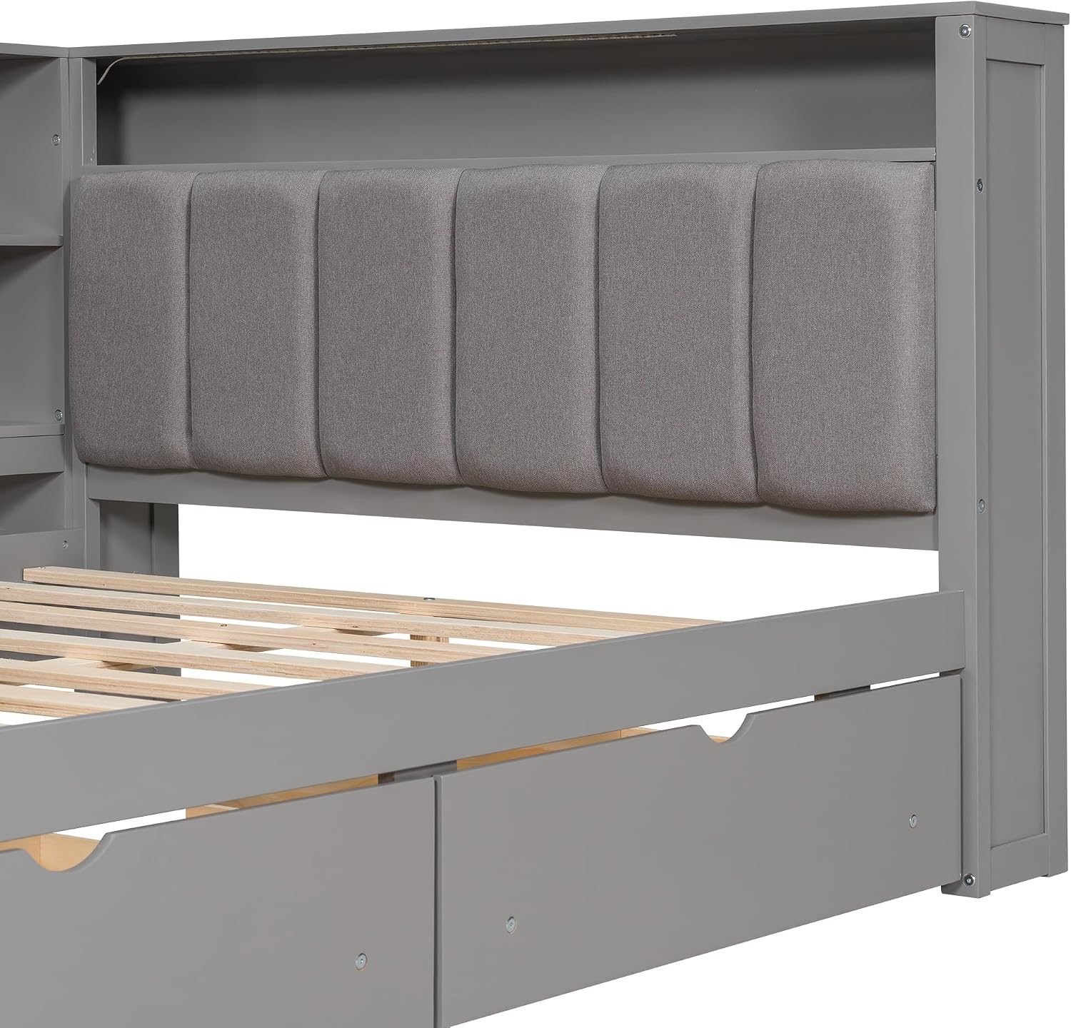 Full Size Platform Bed with Storage Shelves and Drawers, Solid Wood Daybed with Charging Station, LED, Desk and Upholstered Headboard for Living Room Bedroom (Grey-JU5)