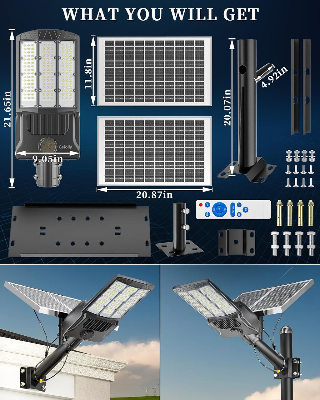 Gefolly SL-8800W Solar Street Lights Outdoor, 550000LM Commercial Parking Lot Light Dusk to Dawn IP67 Waterproof 6500K Security Flood Lights Lamp for Yard, Road, Basketball Courts