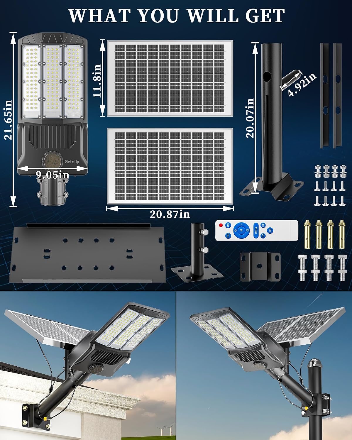 Gefolly SL-8800W Solar Street Lights Outdoor, 550000LM Commercial Parking Lot Light Dusk to Dawn IP67 Waterproof 6500K Security Flood Lights Lamp for Yard, Road, Basketball Courts