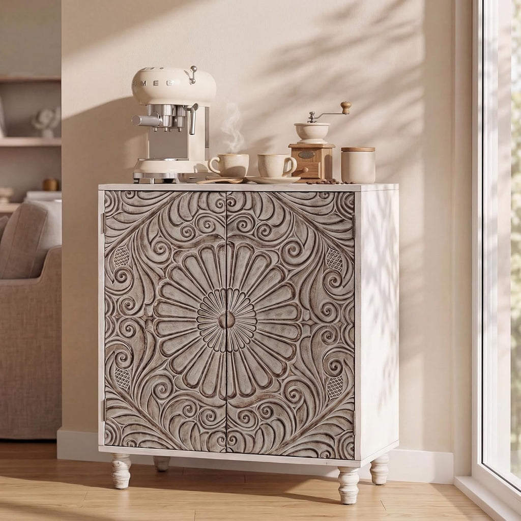 COSIEST 32' W Sideboard Buffet Cabinet with Storage, Accent Cabinet with 2 Push-to-Open Magnetic Doors, Vintage MDF Buffet Table for Living Room, Kitchen, Hallway (Gray,Flower Pattern)