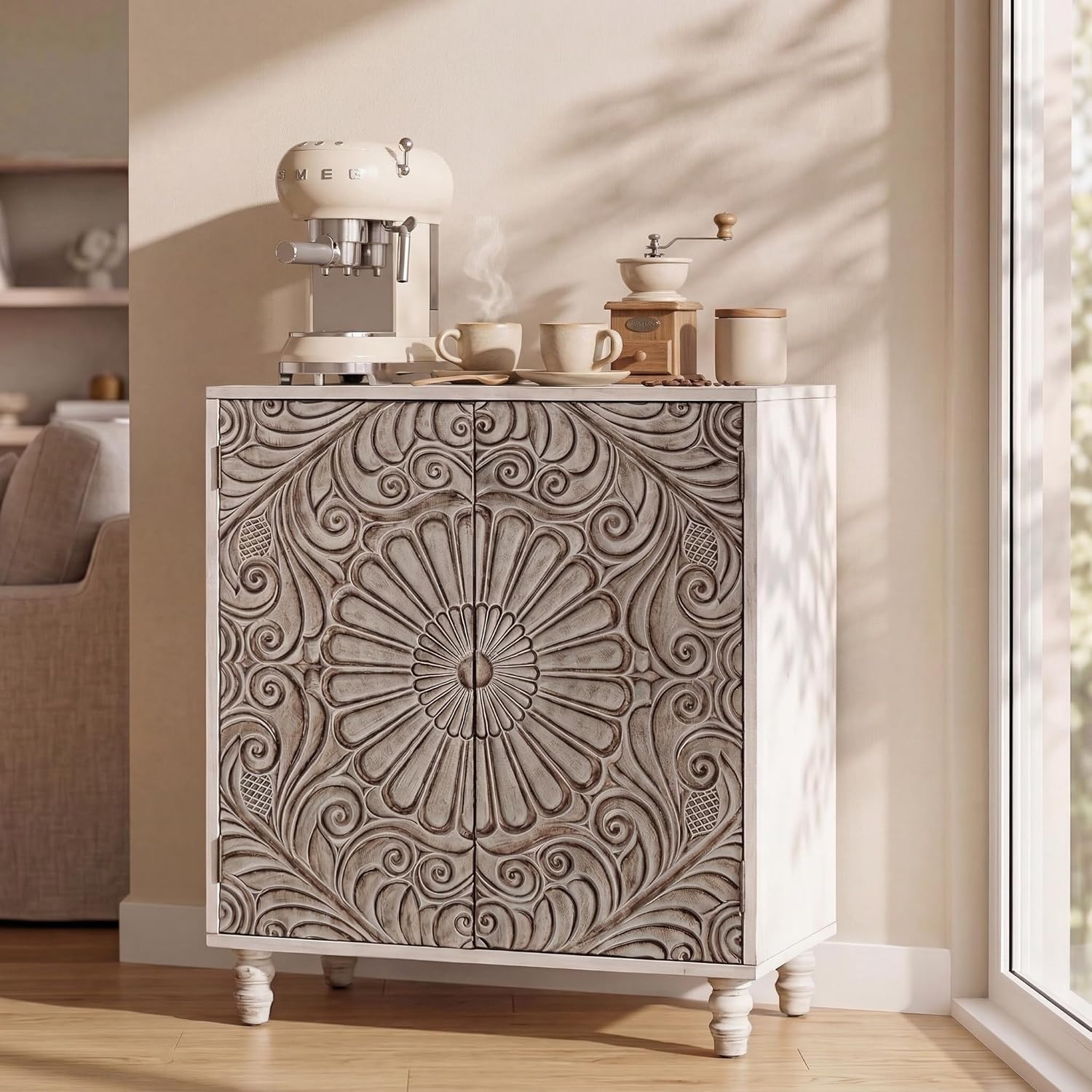 COSIEST 32' W Sideboard Buffet Cabinet with Storage, Accent Cabinet with 2 Push-to-Open Magnetic Doors, Vintage MDF Buffet Table for Living Room, Kitchen, Hallway (Gray,Flower Pattern)