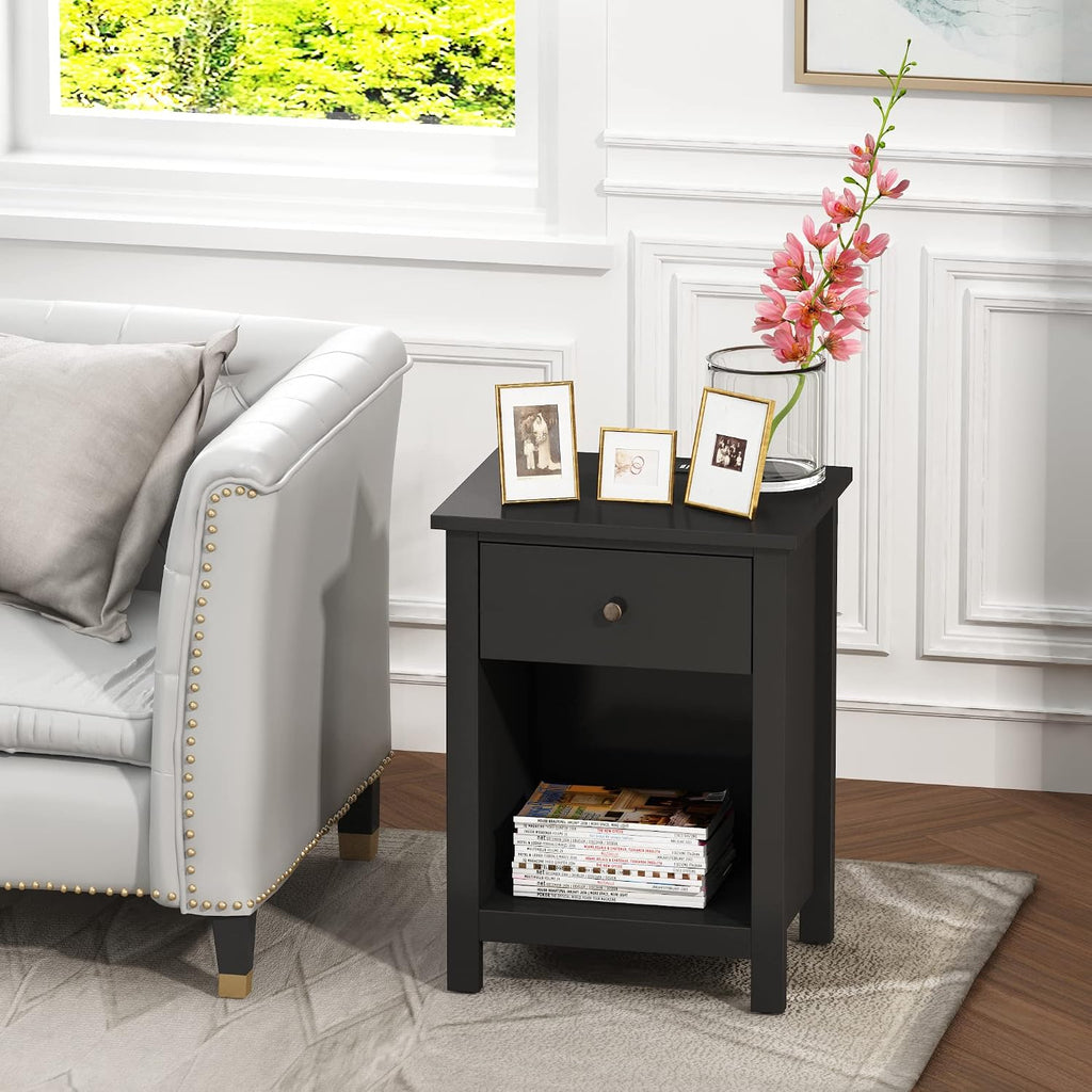 ChooChoo Black Nightstand Set of 2,Night Stand with Charging Station, Wooden Top Bedside End Table with Drawer and Storage Space for Bedroom