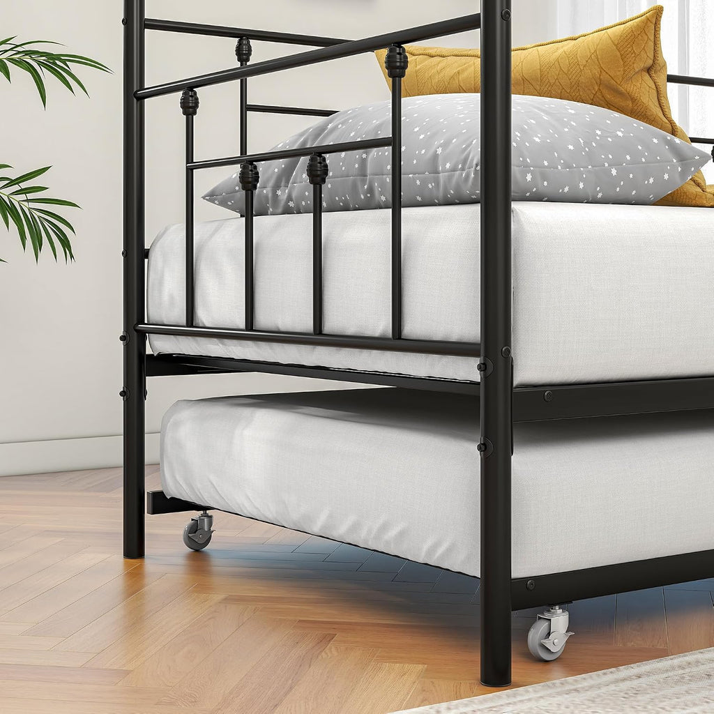 Twin Size Daybed Metal Frame with Trundle Set, Twin Day Bed Sofa, Daybed and Roll Sofa Bed for Guest Room, Bedroom, Living Room, Style, Black