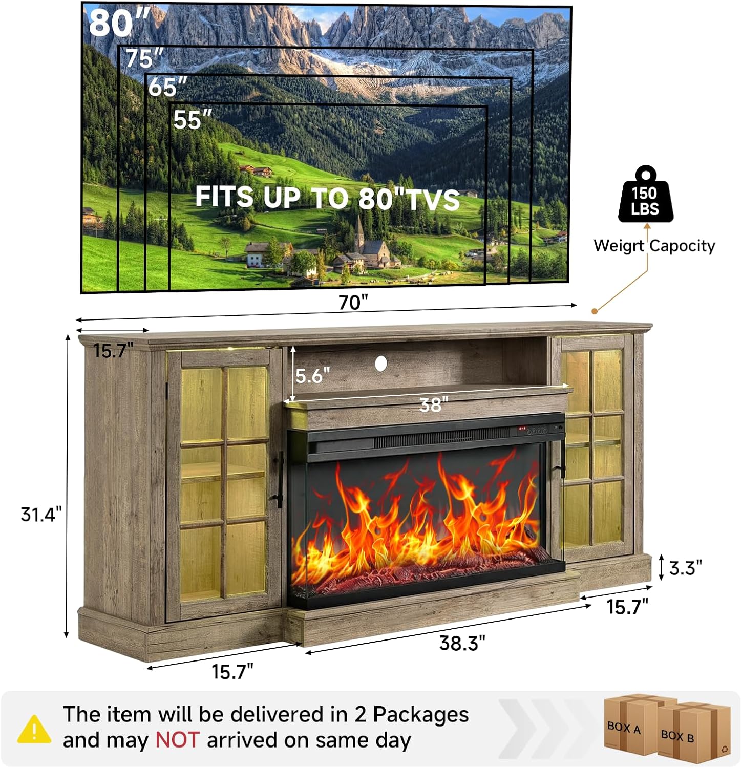 ROCKPOINT 3 Sided Glass 70' Fireplace TV Stand for TVs up to 80inch, Media Entertainment Center with Glass Door Storage Cabinet,36' Electric Fireplace with LED Light and Flame Colors,Grey