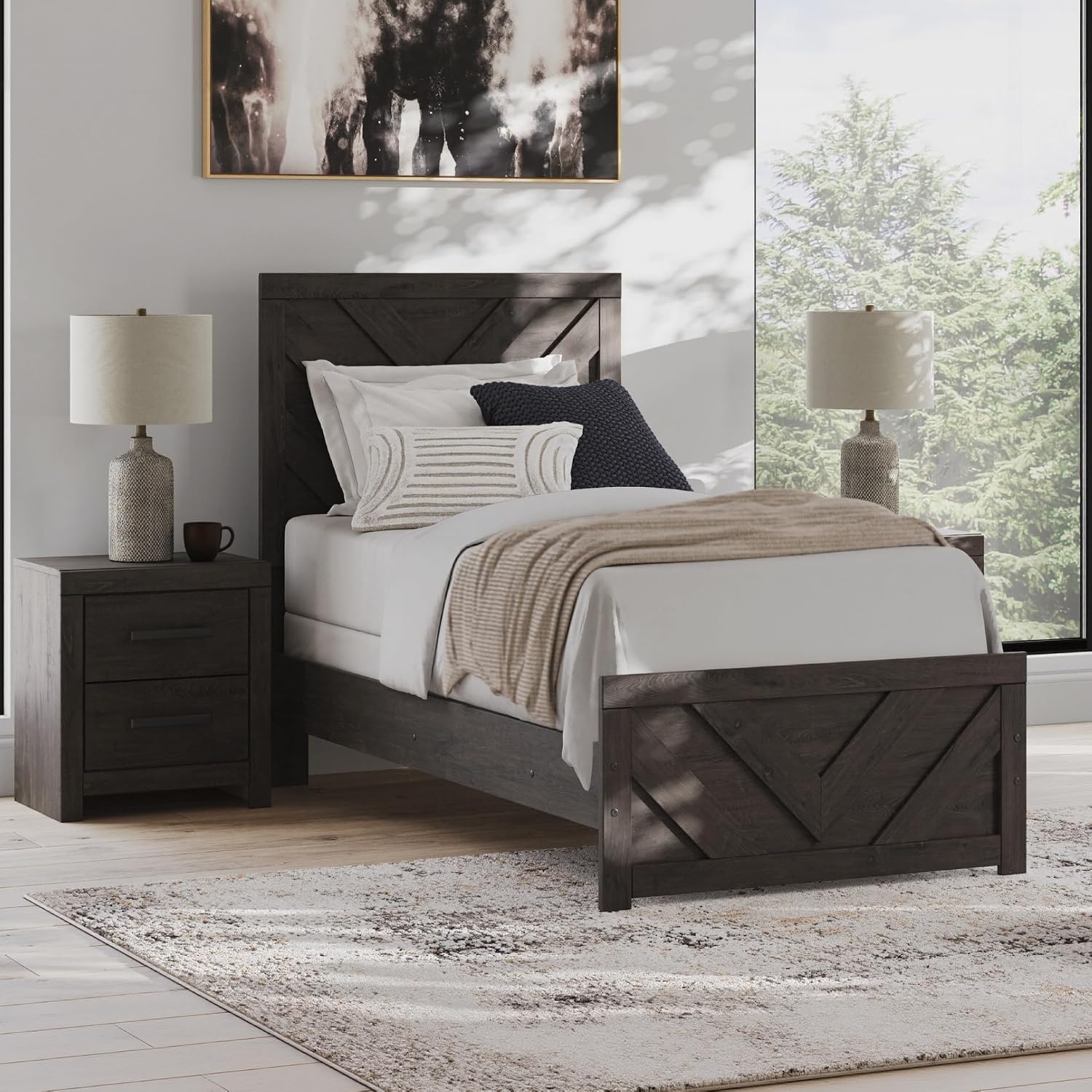 Signature Design by Ashley Prendonea Farmhouse Twin Panel Bed, Foundation or Box Spring Needed, Gray