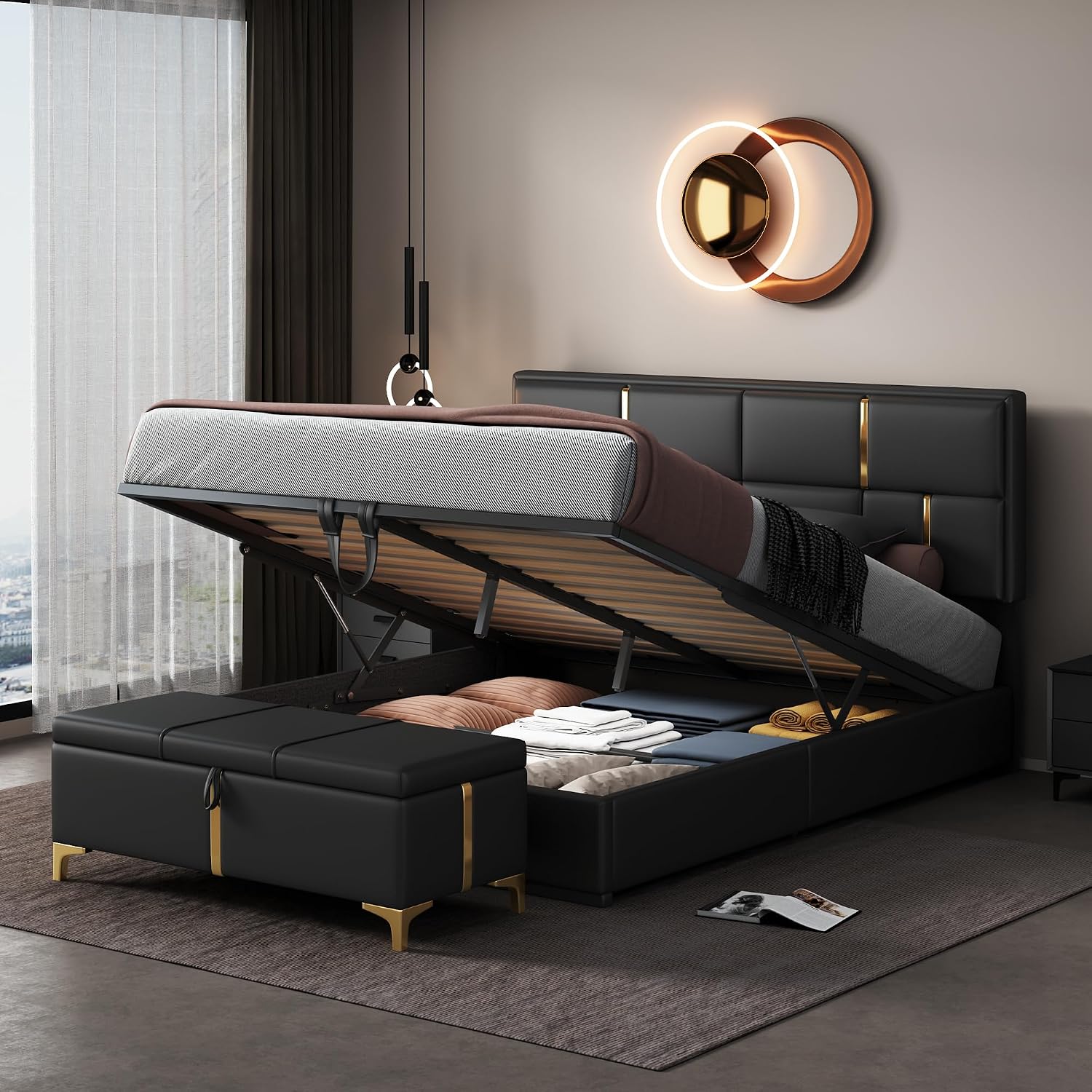 Queen Size Lift Up Storage Bed with Storage Ottoman, Queen Bed Frame with Tufted Headboard/Hydraulic Storage, 2-Pieces Queen Bedroom Sets, Easy Assembly, Pink(Black with Gold,Queen with Bench)