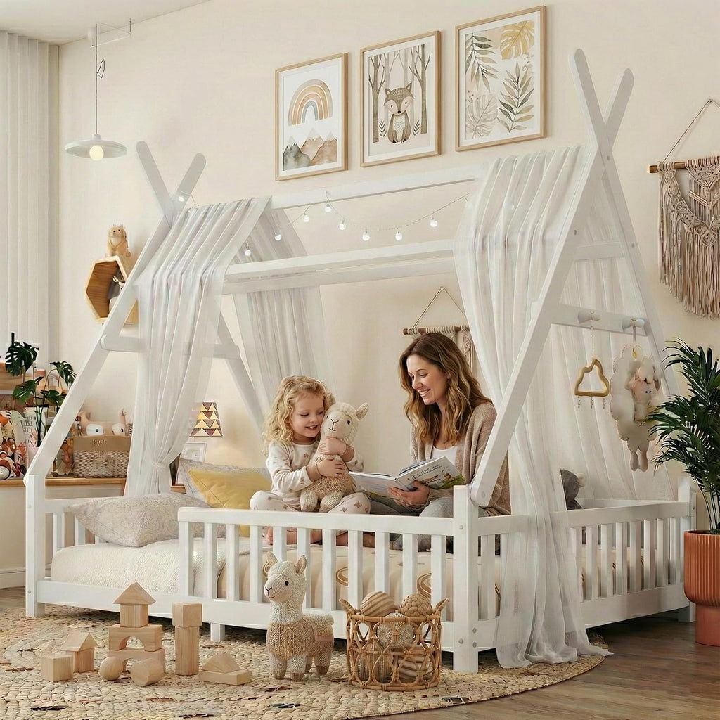 Full Montessori Kids Floor Bed with Rails and LED Light, Low Full Beds Frame with Fence and Removable Roof, Wood Montessori Floor Bed Frame for Kids, Girls, Boys, White