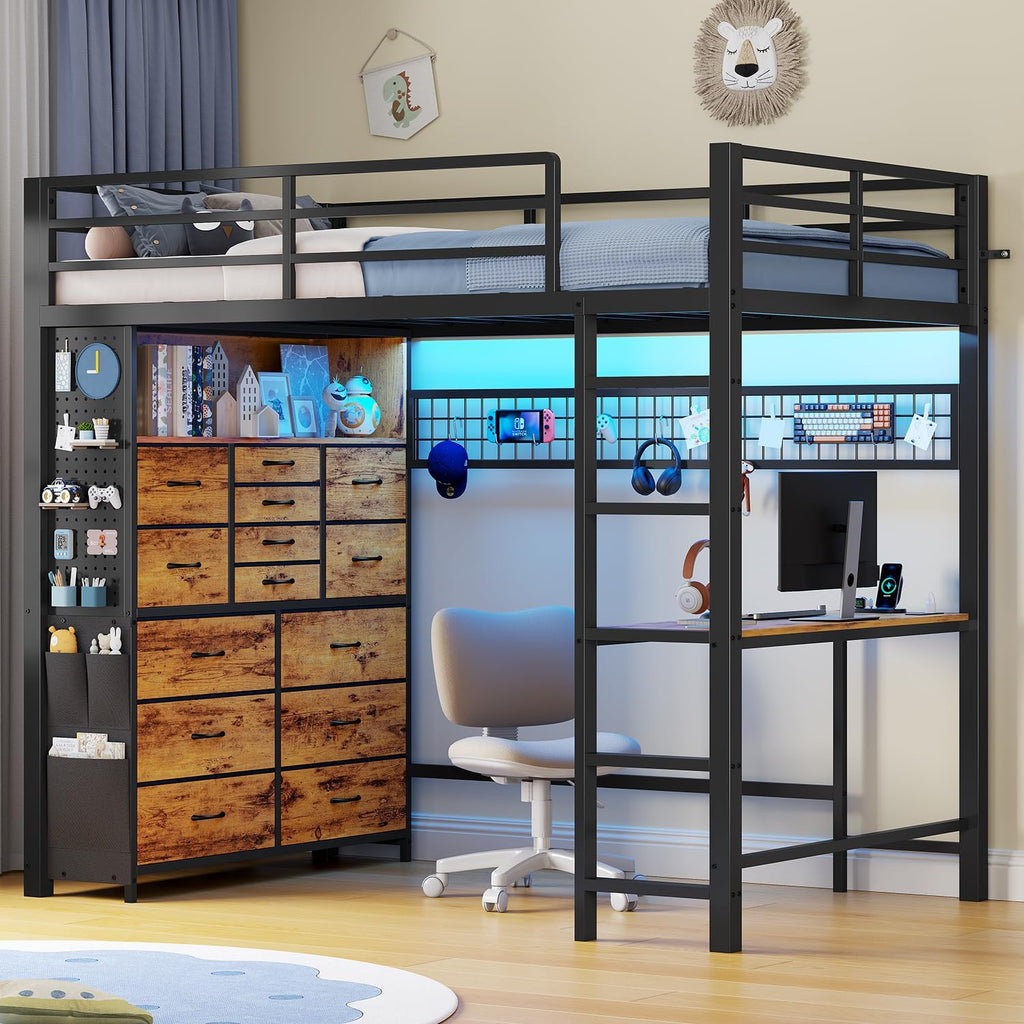ADORNEVE Twin Loft Bed with Desk,14 Storage Drawers & Power Outlet, Kids Loft Bed Twin Size with LED Lights, Metal Loft Beds with Safety Guardrail & Ladder, Space Saving for Teens, Rustic Brown
