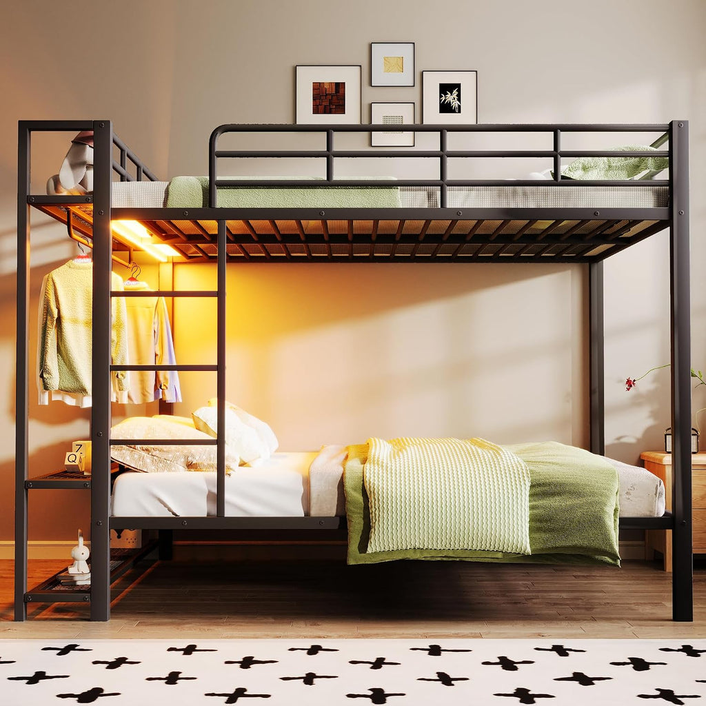 Metal Bunk Bed with Storage Mesh Shelves and Clothes Hooks, Open Storage Shelves, Full Size Bunk Bed with Full-length Reinforced Guardrails for Teens and Adults, No Box Spring Needed (Black//96)