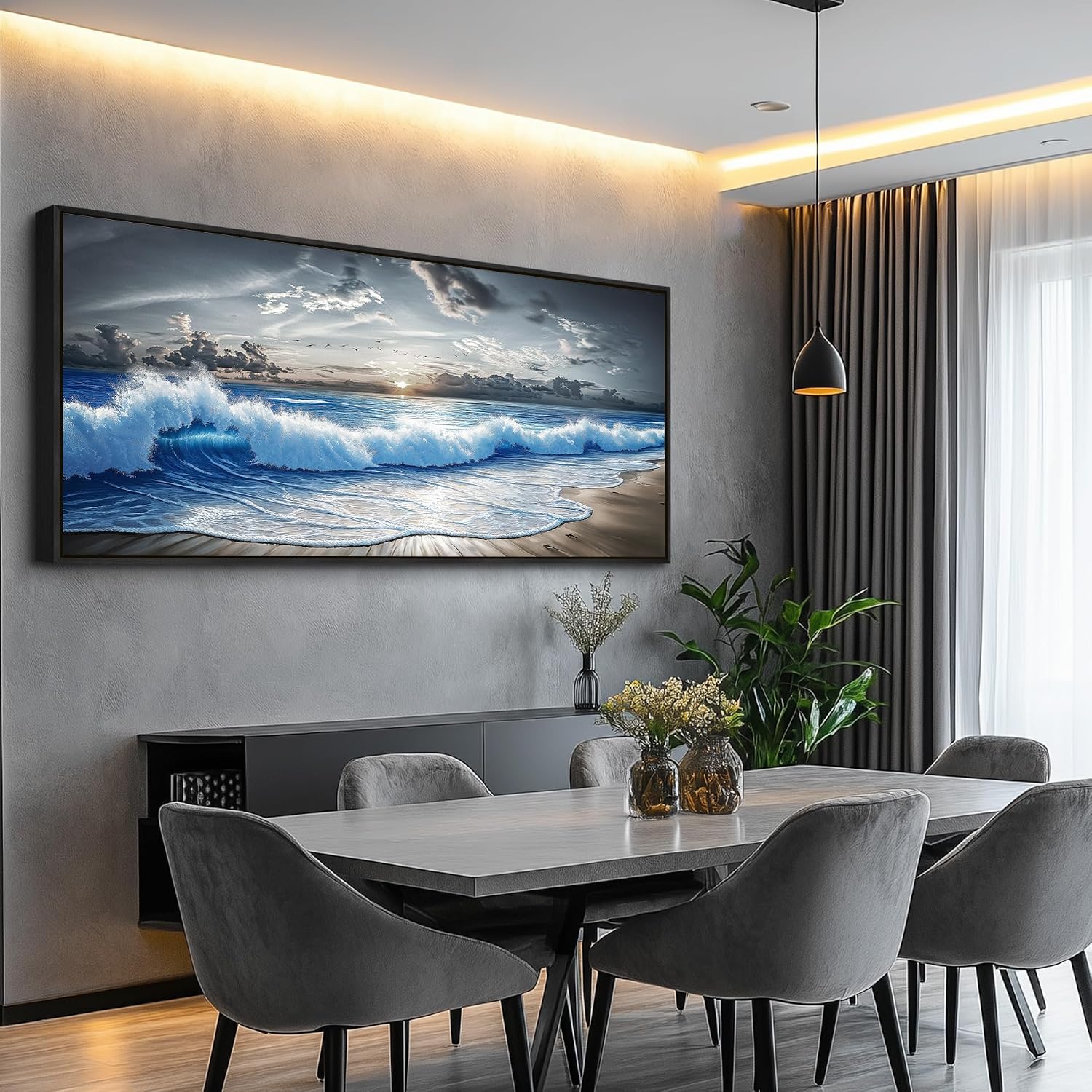 PHAOHUAXM Large Canvas Modern Black White Printed Artworks Wall Decor For Living Room Wall Art For Bedroom Office Dining room Blue Ocean Wave Painting Wall Pictures Home Decor 32'X72' Black Frame