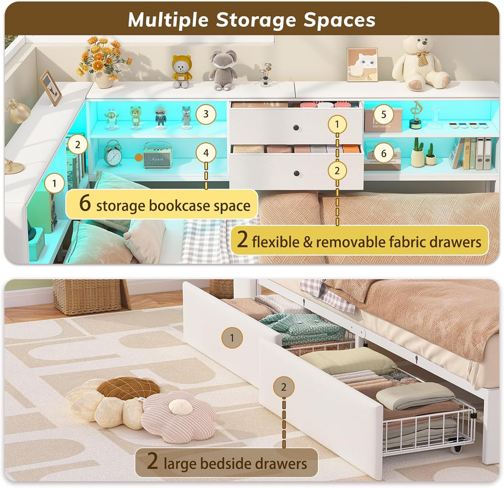 Twin Corner Bed Frame with Storage Bookcase and 4 Drawers, Upholstered Daybed Twin Size with Charging Station & LED Lights, White L-Shape Twin Size Bed Frames Metal Platform Bed for Kids Teenagers