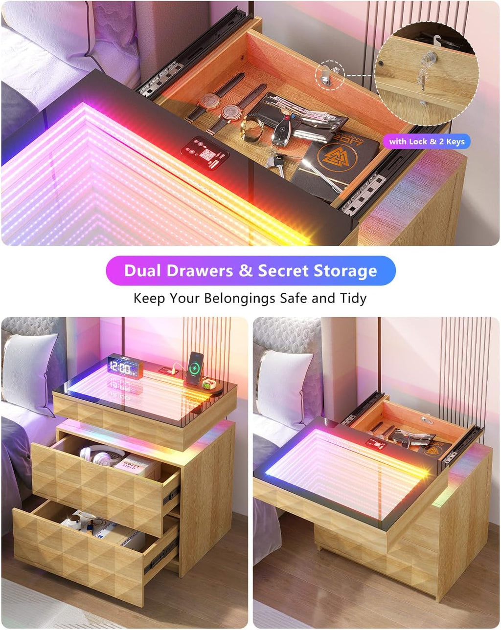 Bedside Table with Charger Station and RGB Lights, Nightstand with 3 Drawers and Sliding Top, Modern Night Stand with Human Body Sensor for Bedroom & Living Room, Wood