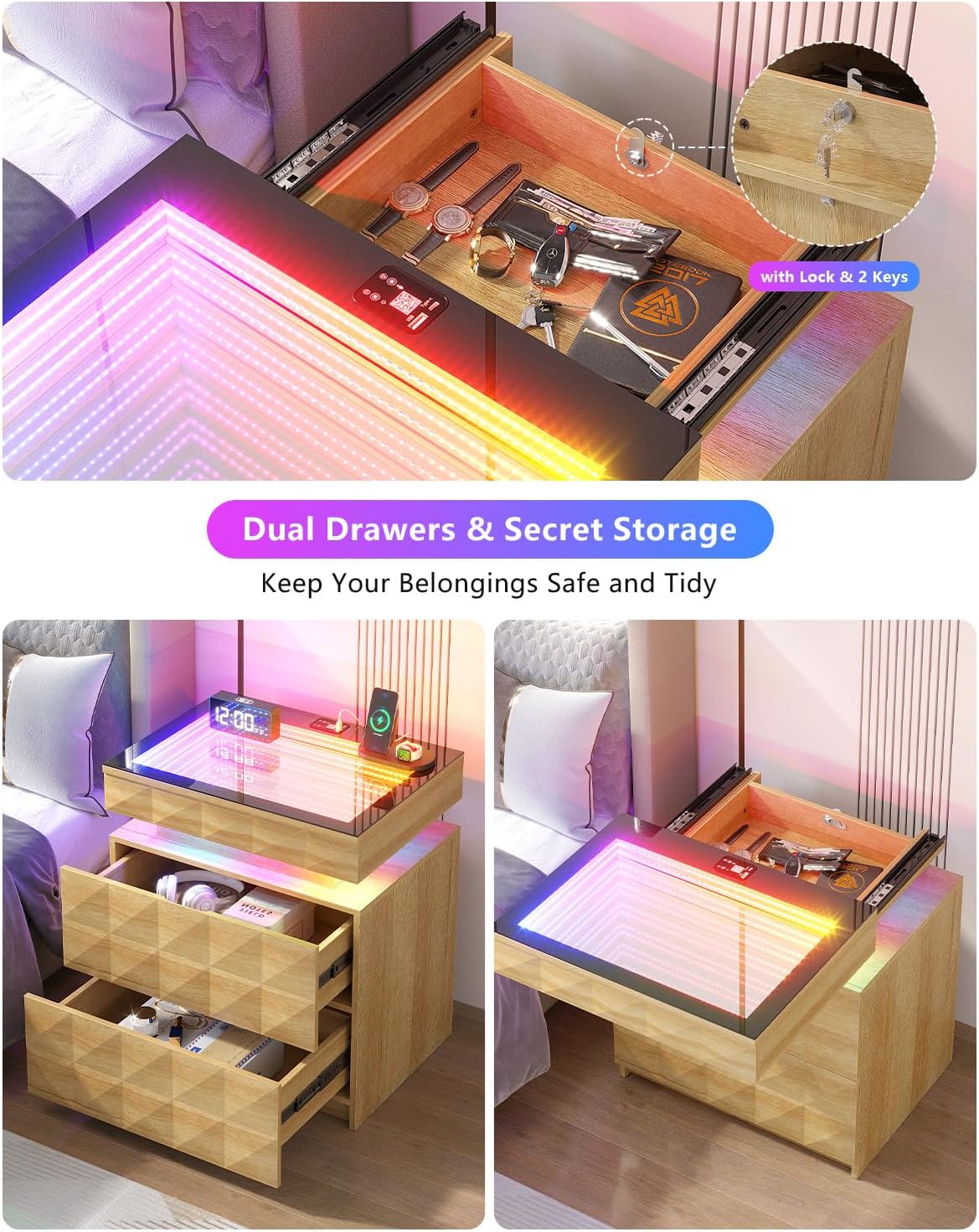Bedside Table with Charger Station and RGB Lights, Nightstand with 3 Drawers and Sliding Top, Modern Night Stand with Human Body Sensor for Bedroom & Living Room, Wood