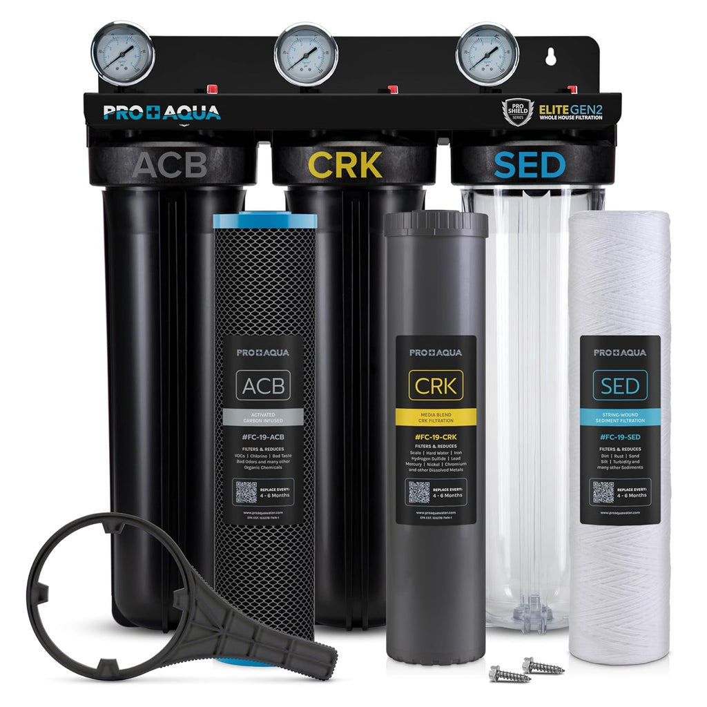 PRO+AQUA Elite Series GEN2 PRO-100-E 3-Stage Whole House Water Filtration System for City & Well Water with Pressure Gauges | Reduces Contaminants, Sediment, Chemicals, Heavy Metals, with 1' Ports
