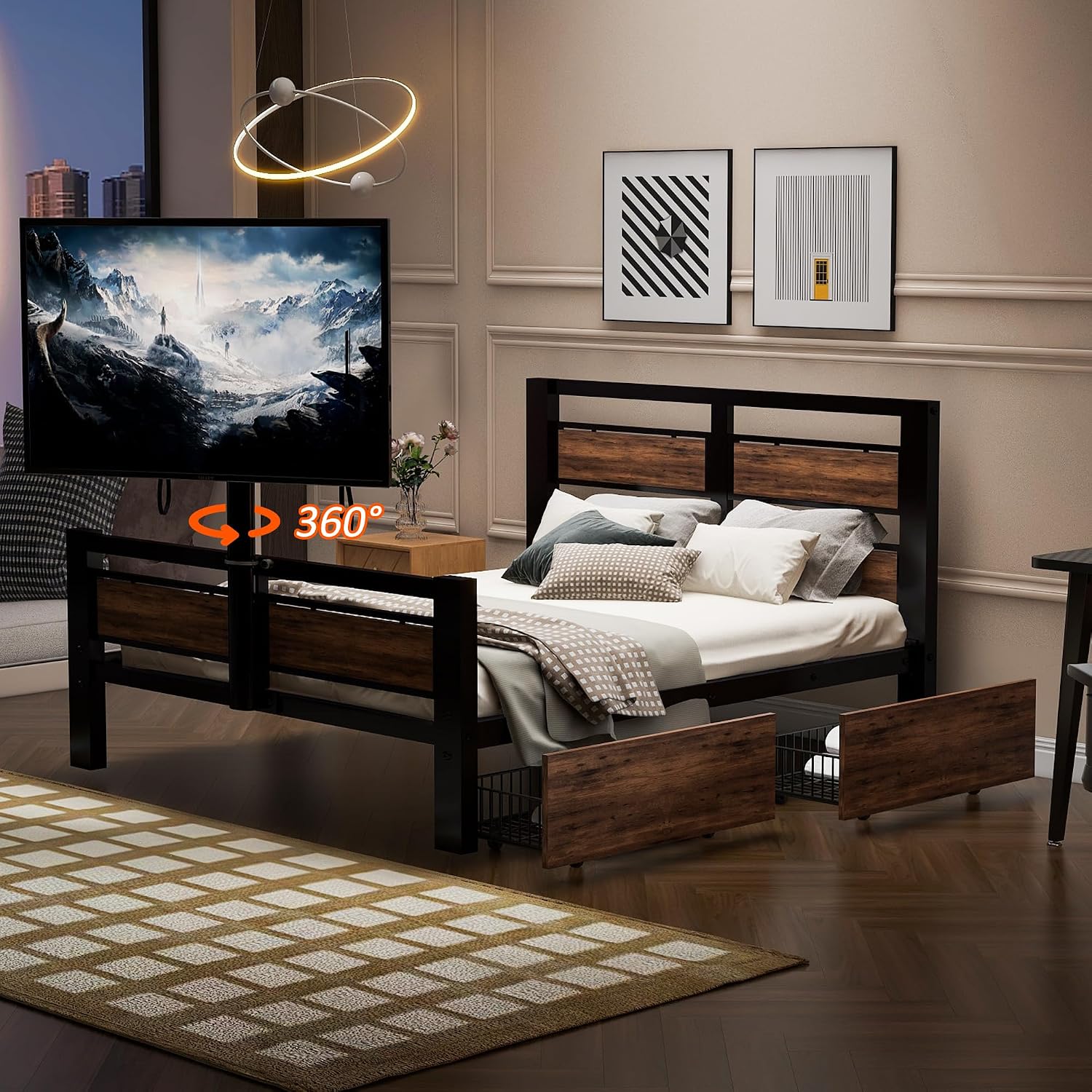 Twin Size Platform Bed with Two Storage Drawers and Rotatable TV Stand, Metal Bed Frame with MDF Headboard and Footboard, 14 Heavy-Duty Metal Sats, No Box Spring Needed (Black,Rotatable TV Stand)
