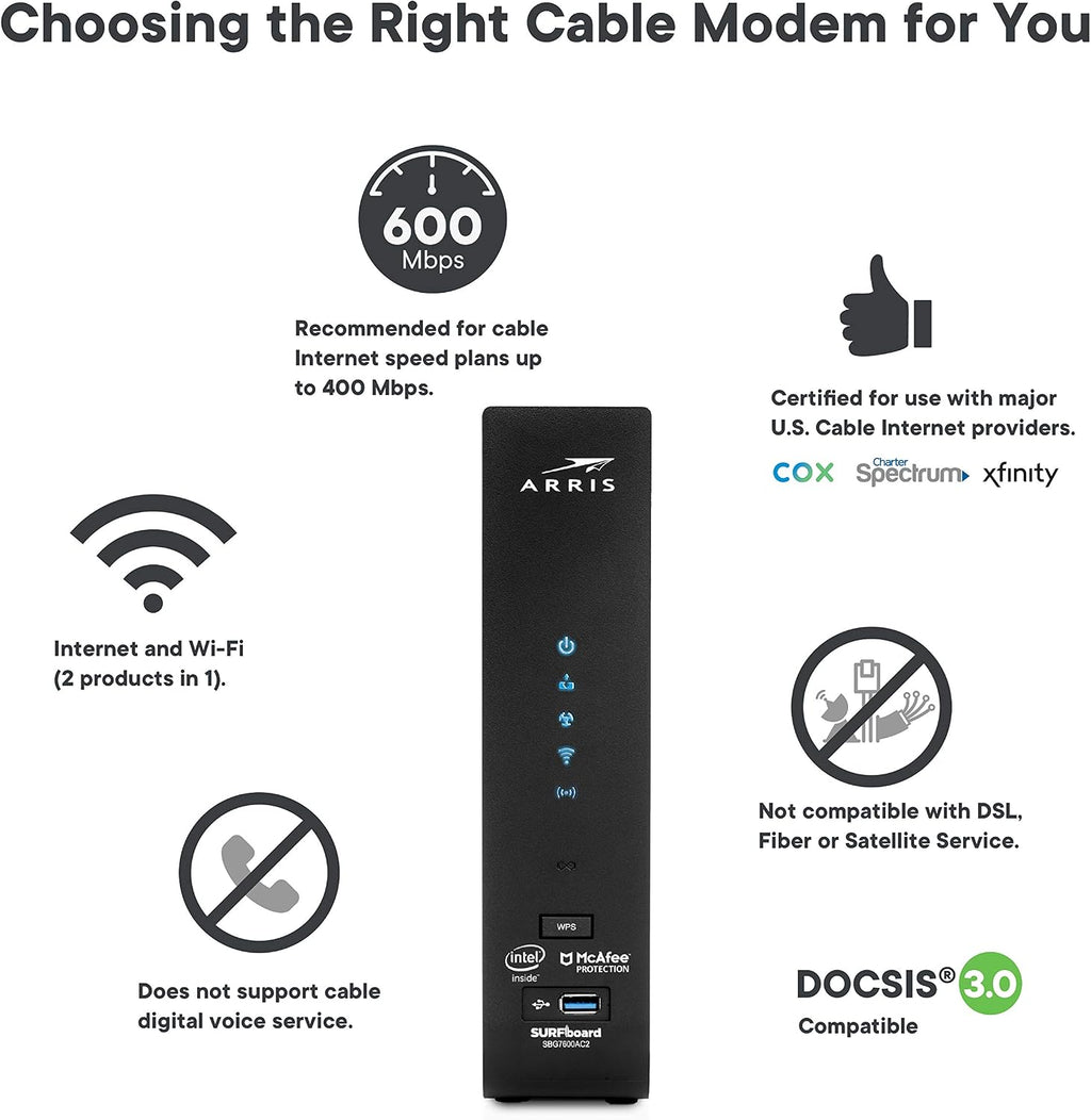 ARRIS (SBG7600AC2) - Cable Modem Router Combo - DOCSIS 3.0 & AC2350 WiFi, [Check with your provider for compatibility]Four 1 Gbps Ports , 800 Mbps Max Internet Speeds